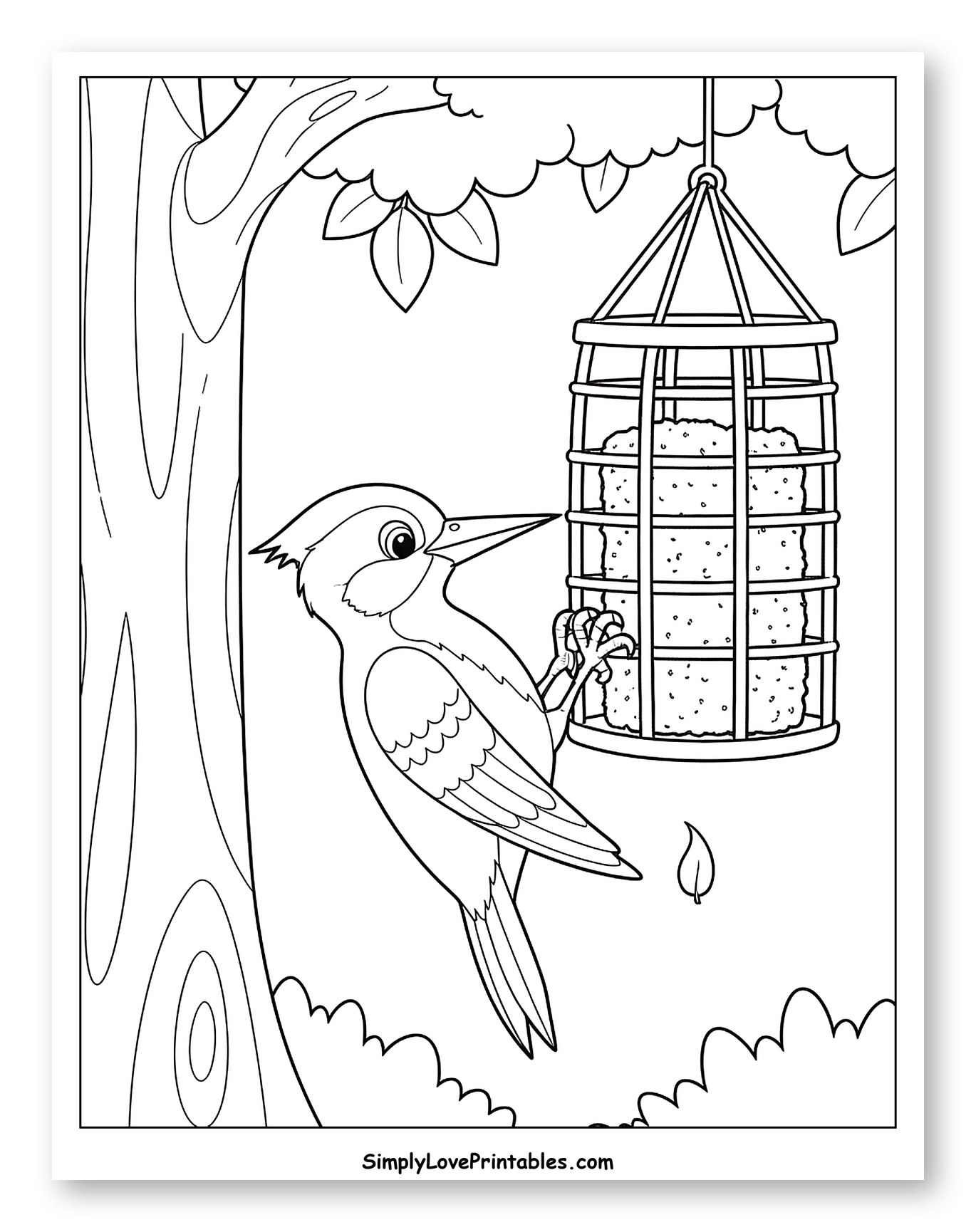 Woodpecker on Tree with Suet Feeder to Color for Kids
