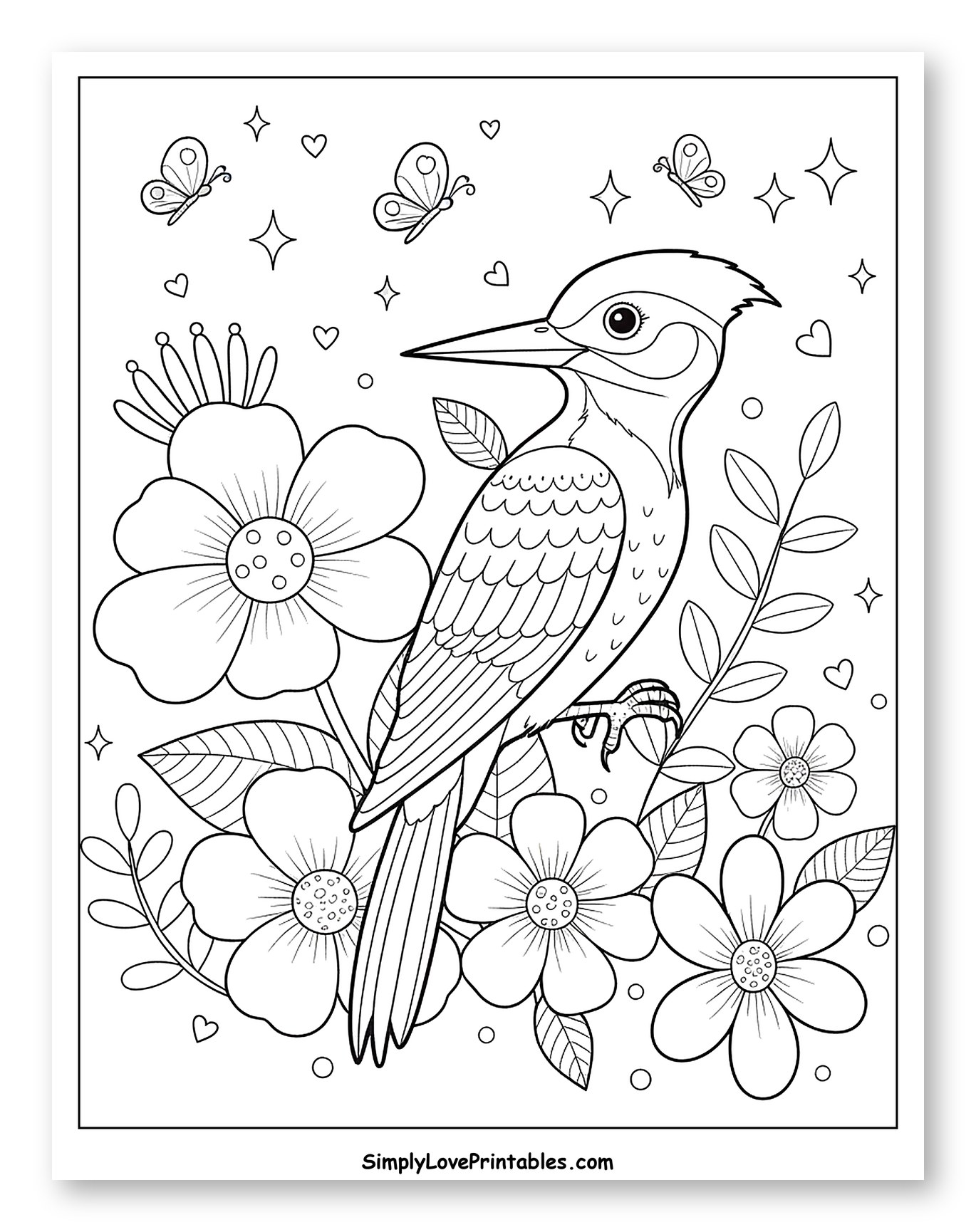 Woodpecker Perched Among Flowers and Butterflies to Color for Adults