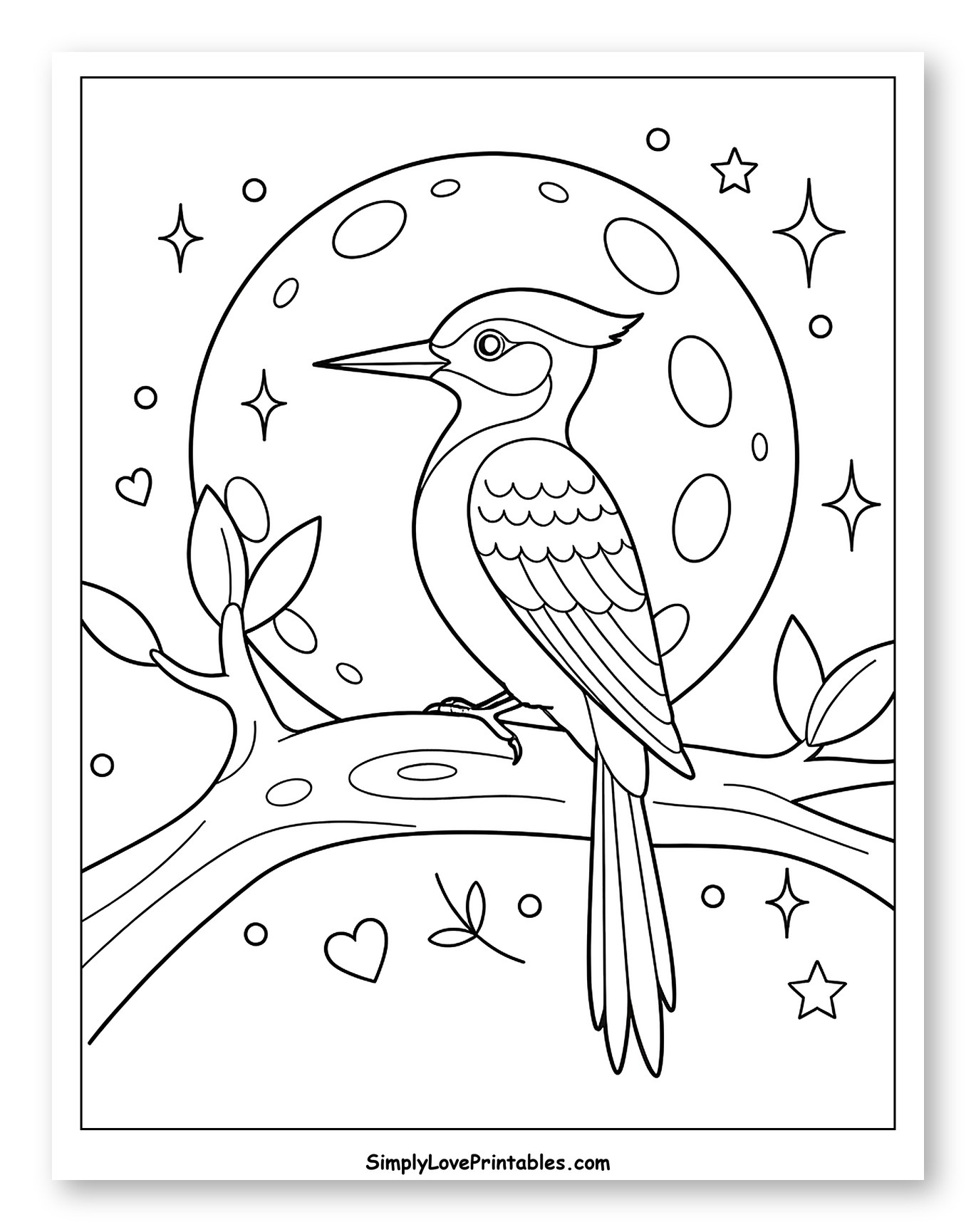 Woodpecker Perched on Branch Under Moonlight
