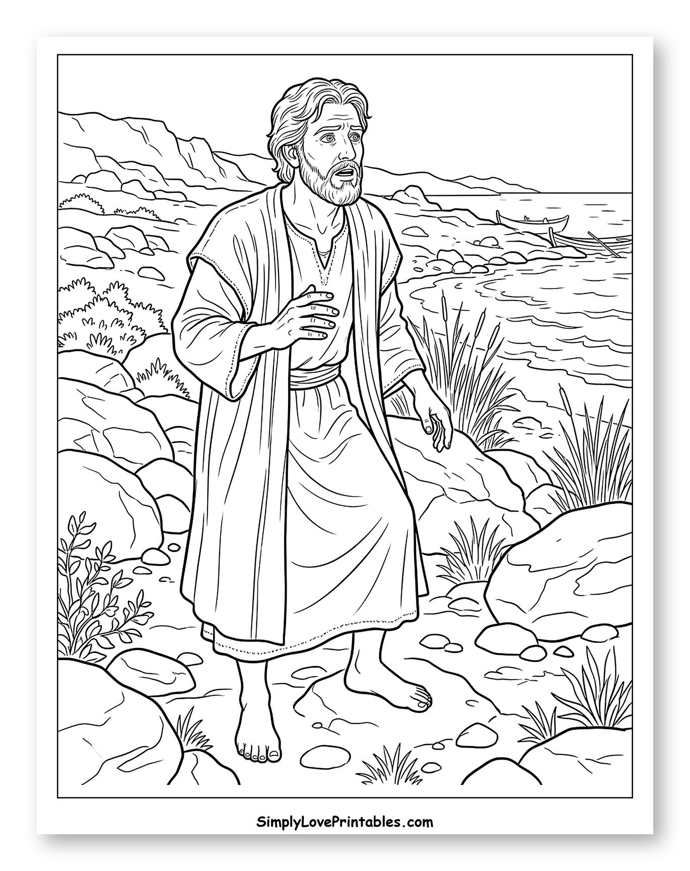 Worried Disciple Walking Along a Rocky Shore