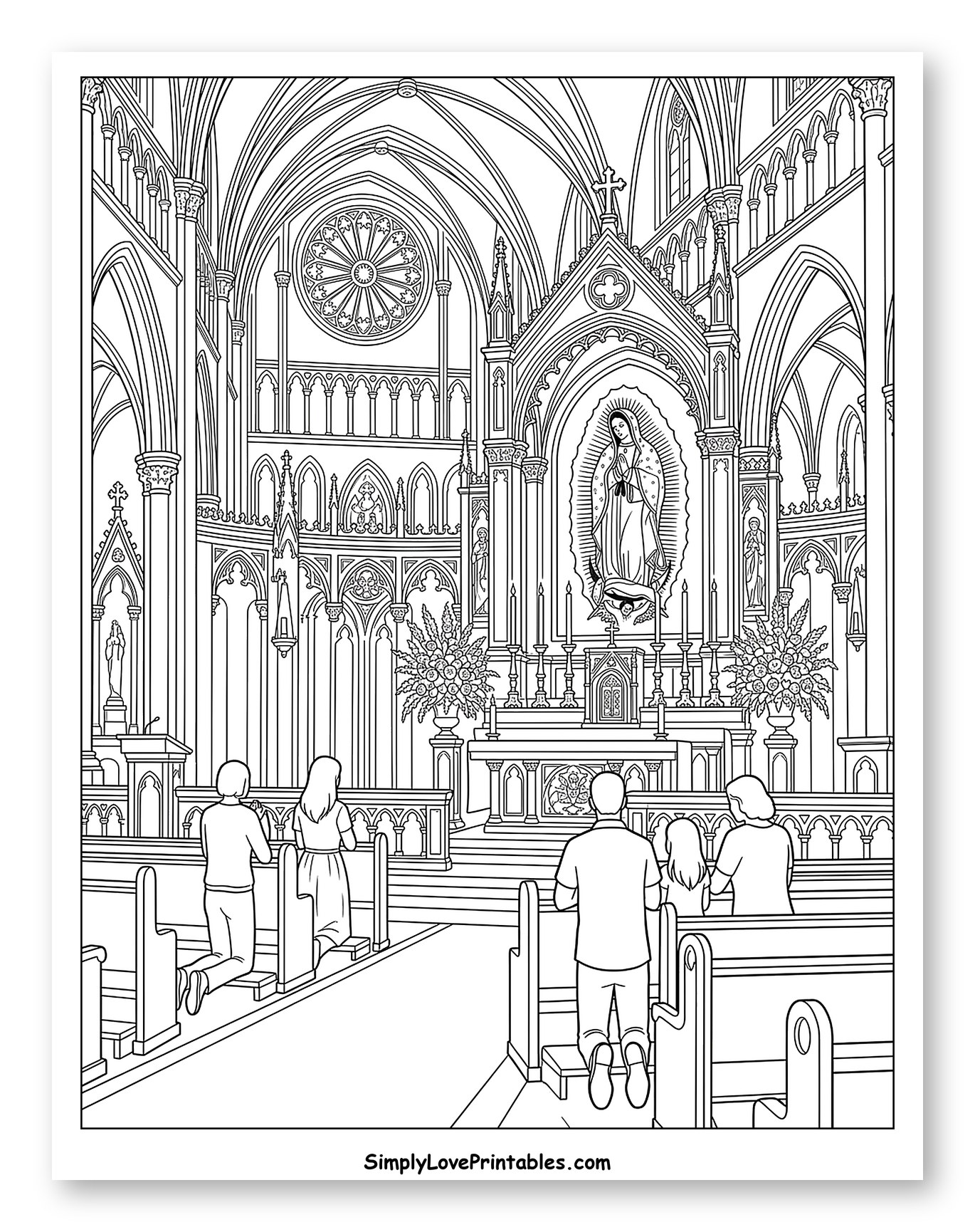 Worshipers Kneeling Before Our Lady of Guadalupe Coloring Page