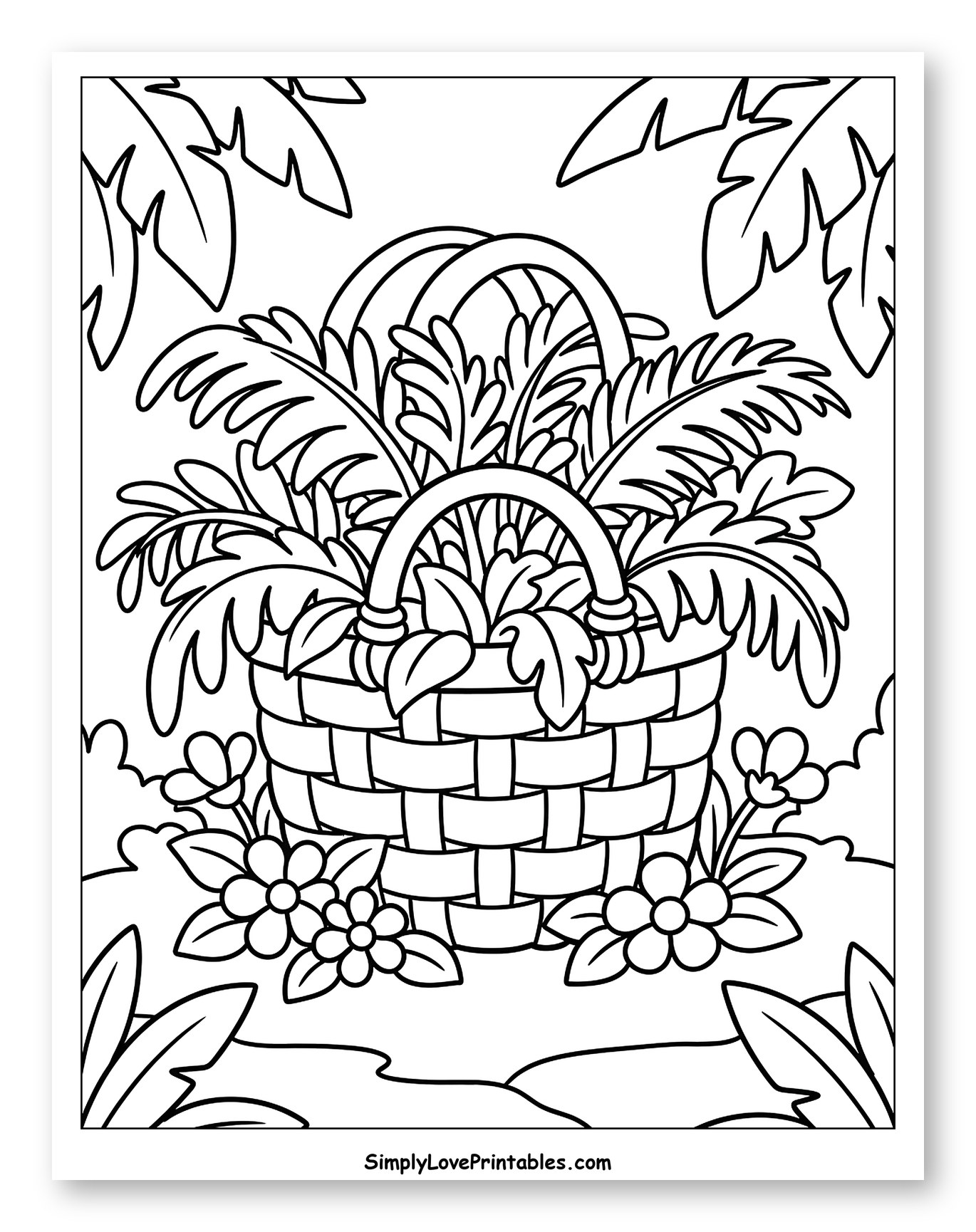 Woven Baskets Full of Palm Fronds and Flowers Coloring Page for Kids