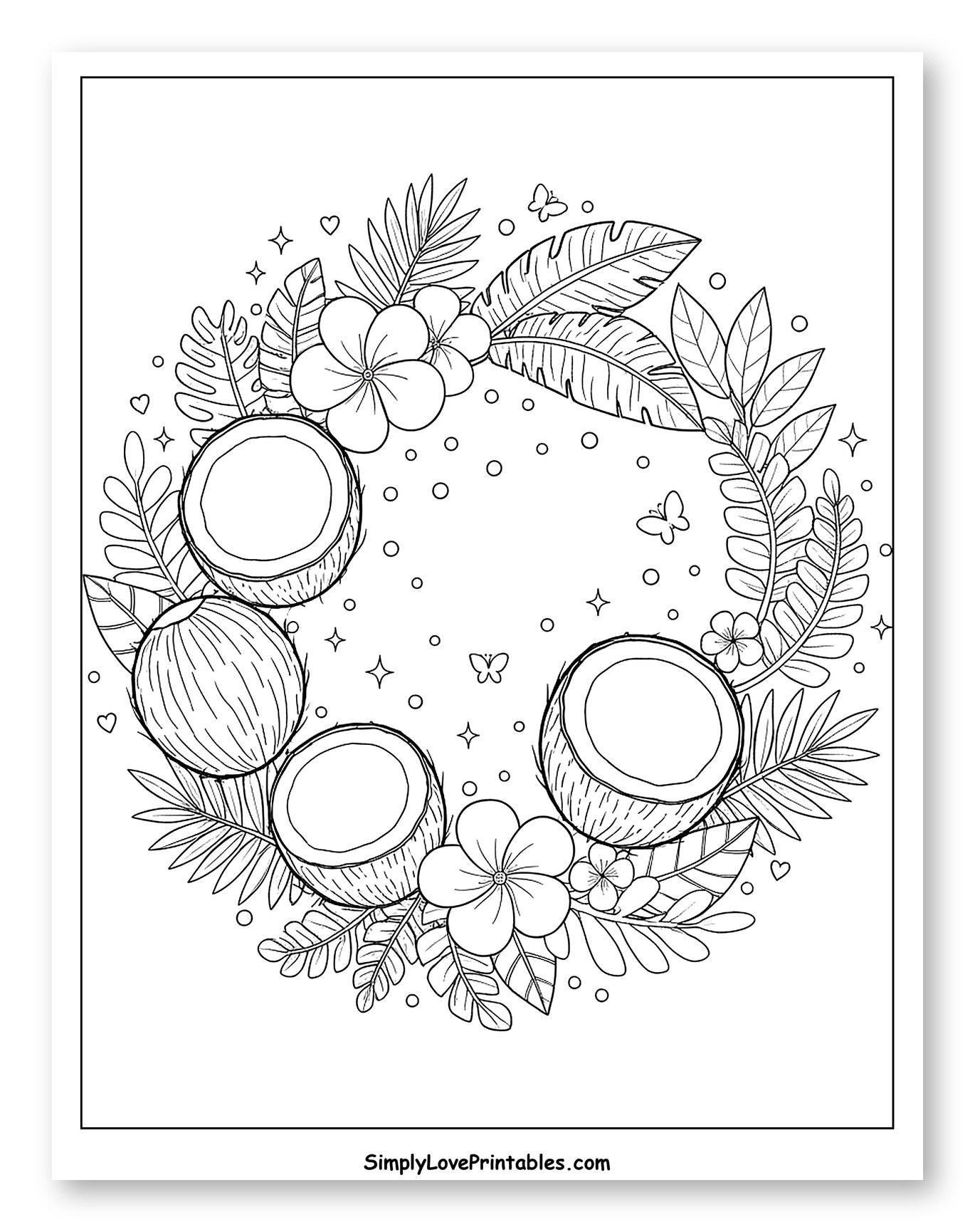 Wreath of Coconuts, Tropical Flowers, and Leaves Coloring Sheet for Adults