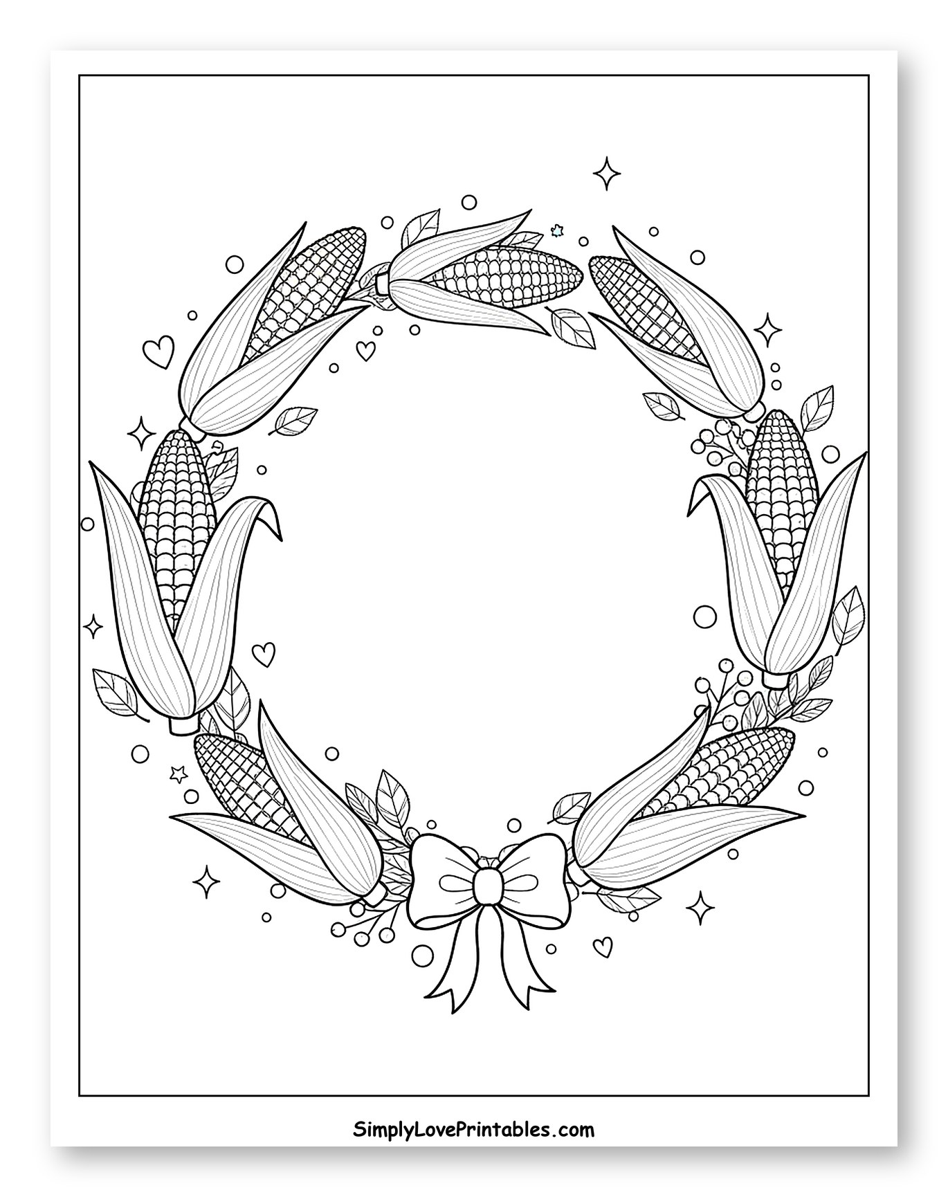 Wreath of Corn and Berries with a Bow Coloring Sheet for Adults