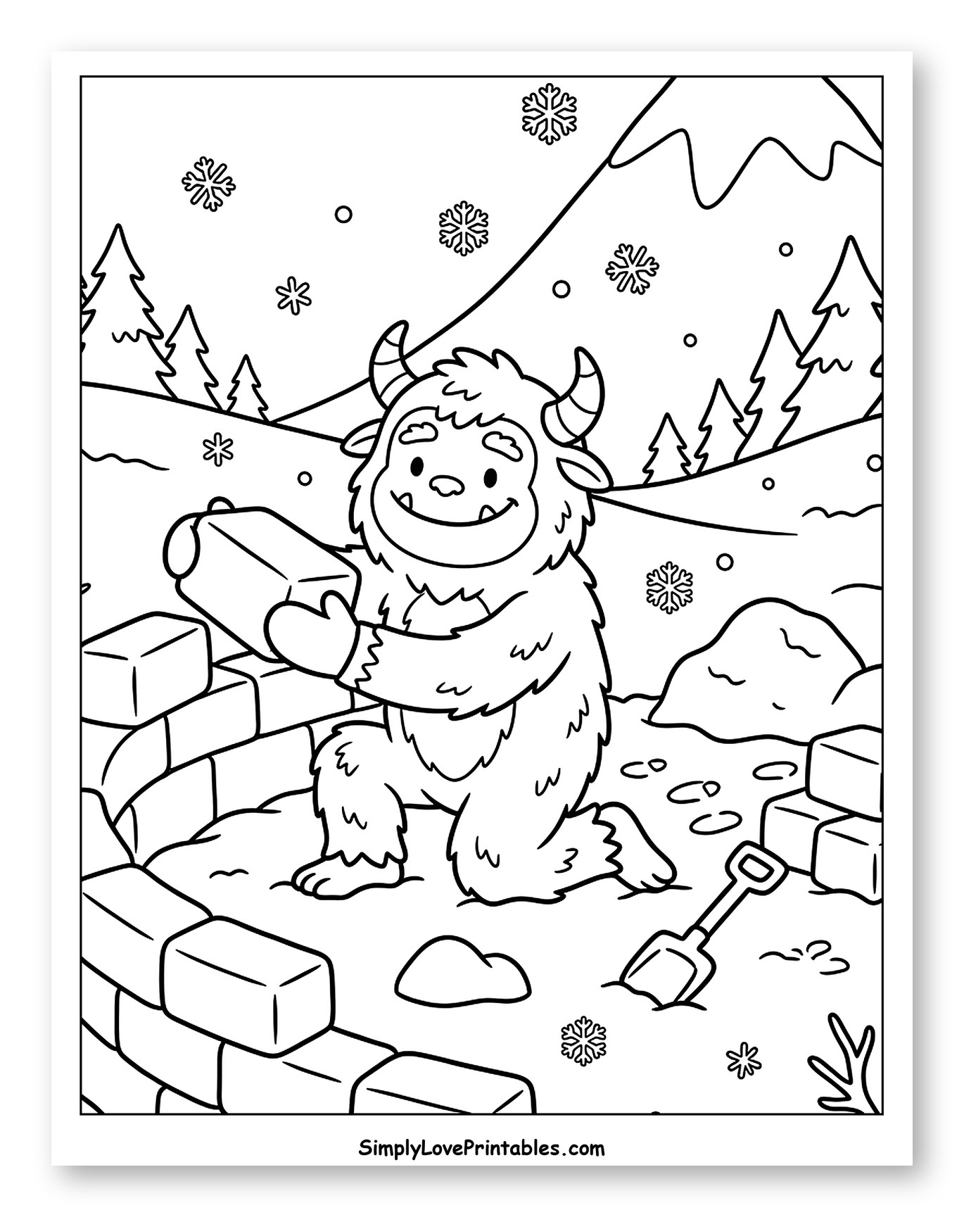 Yeti Building an Igloo in Winter to Color for Kids