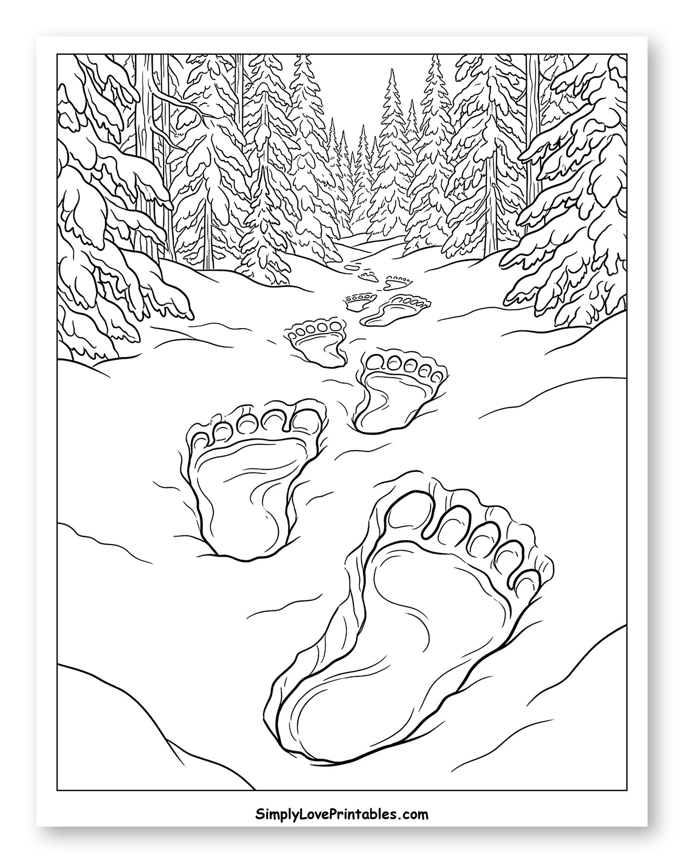 Yeti Footprints Through a Winter Forest to Color