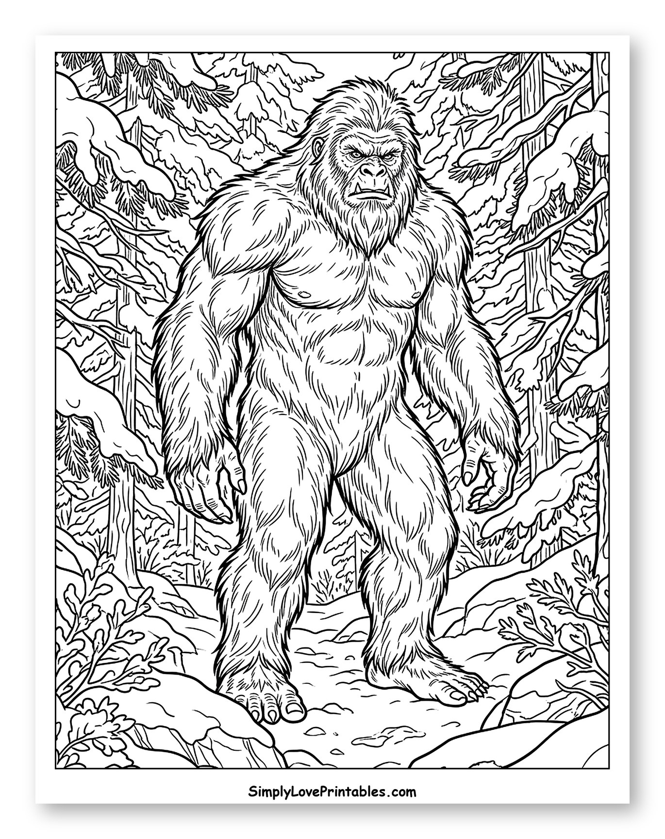 Yeti Standing in Snowy Winter Forest to Color