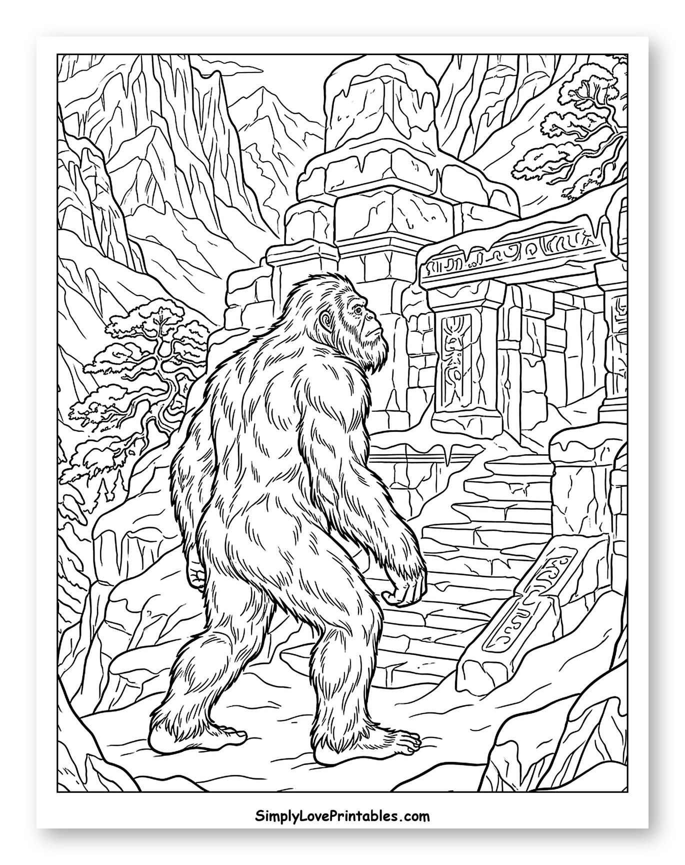 Yeti Walking Towards Ancient Snowy Temple Ruins Coloring Sheet
