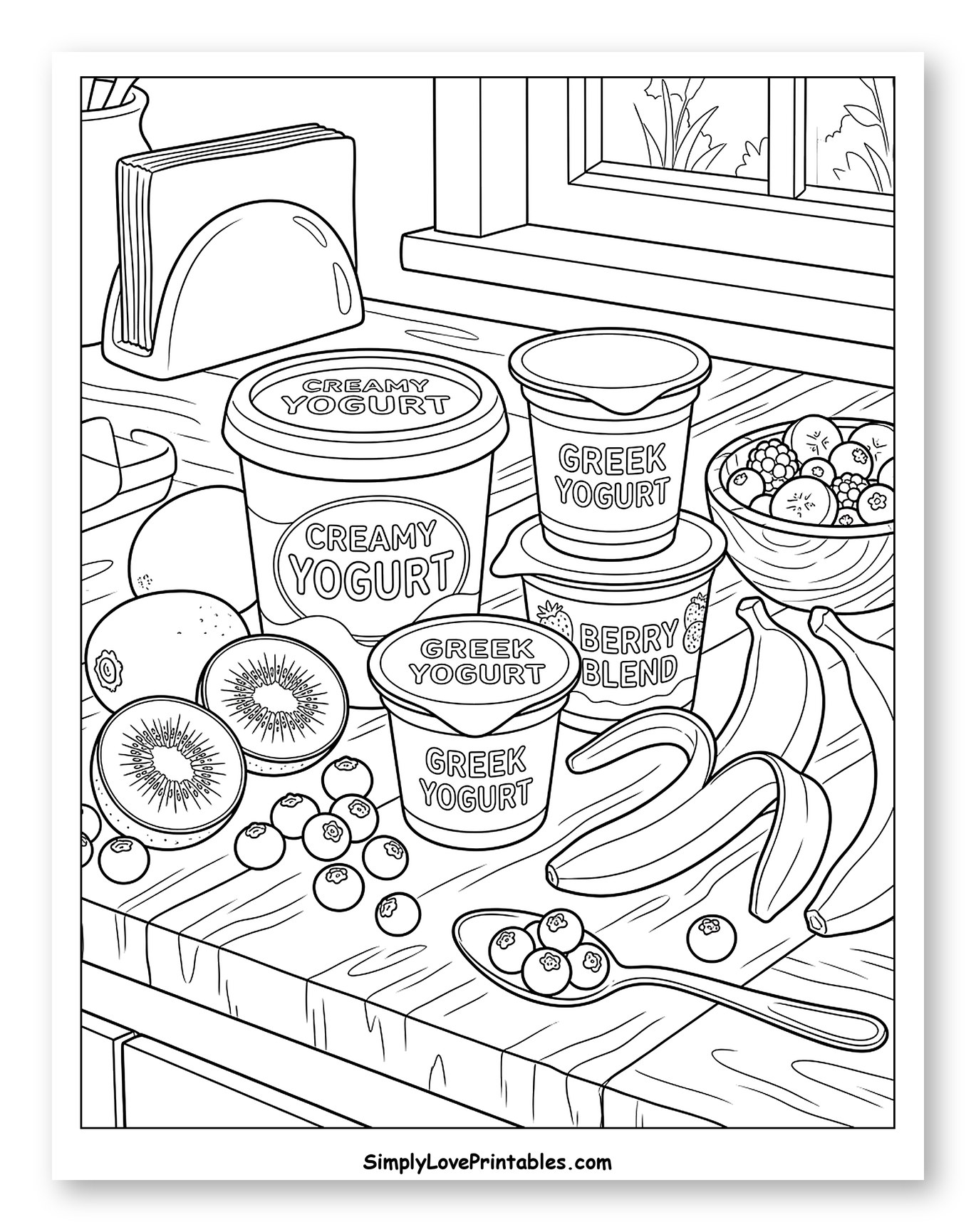 Yogurts, Bananas, Kiwis, and Blueberries on Countertop