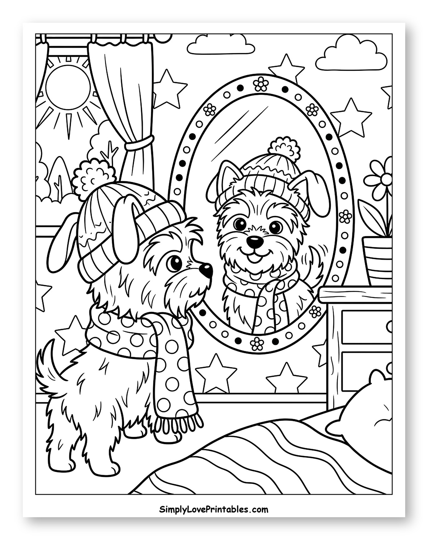 Yorkshire Terrier Admiring Winter Outfit in Mirror Coloring Sheet for Kids