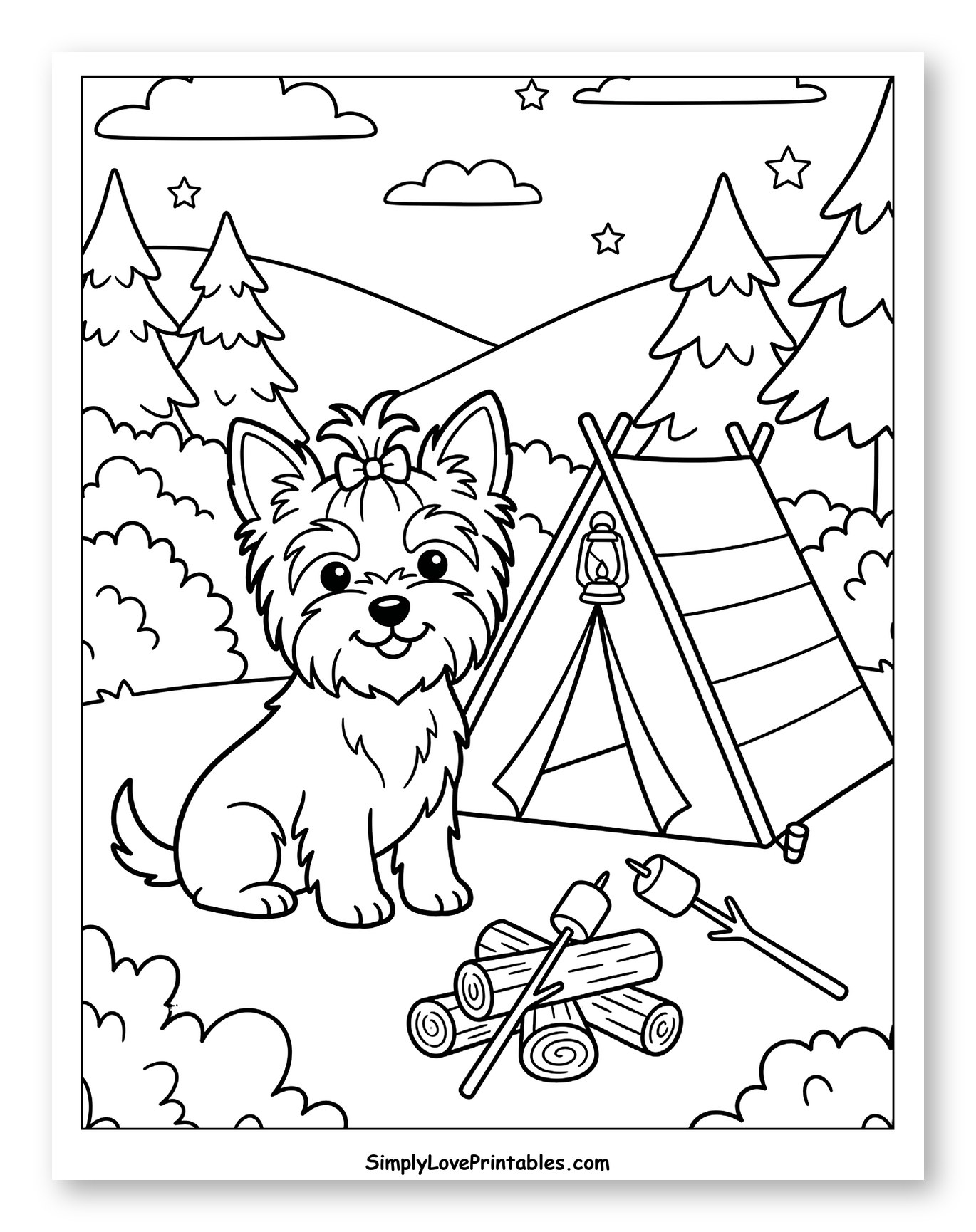 Yorkshire Terrier Camping with Campfire and Tent
