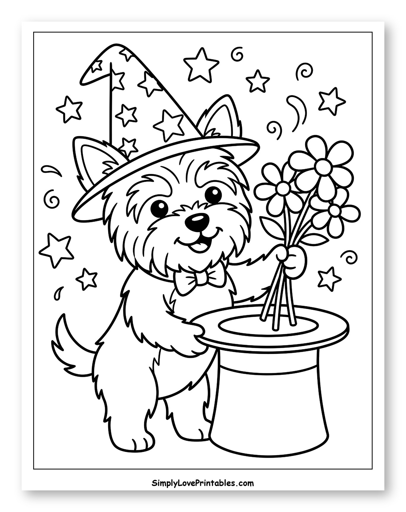 Yorkshire Terrier Magician with Flowers and Hat