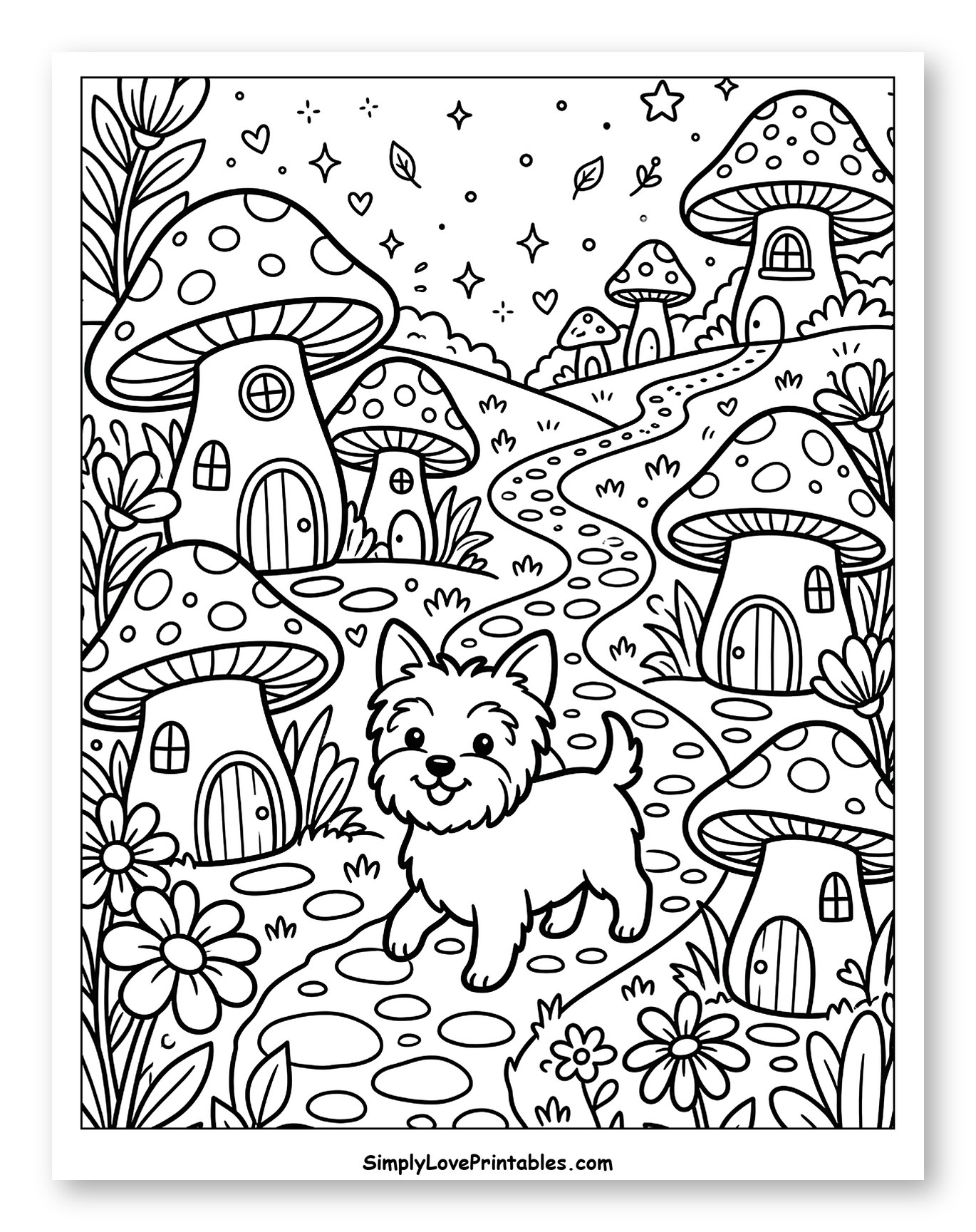 Yorkshire Terrier Walking Through Mushroom Village Coloring Sheet for Adults