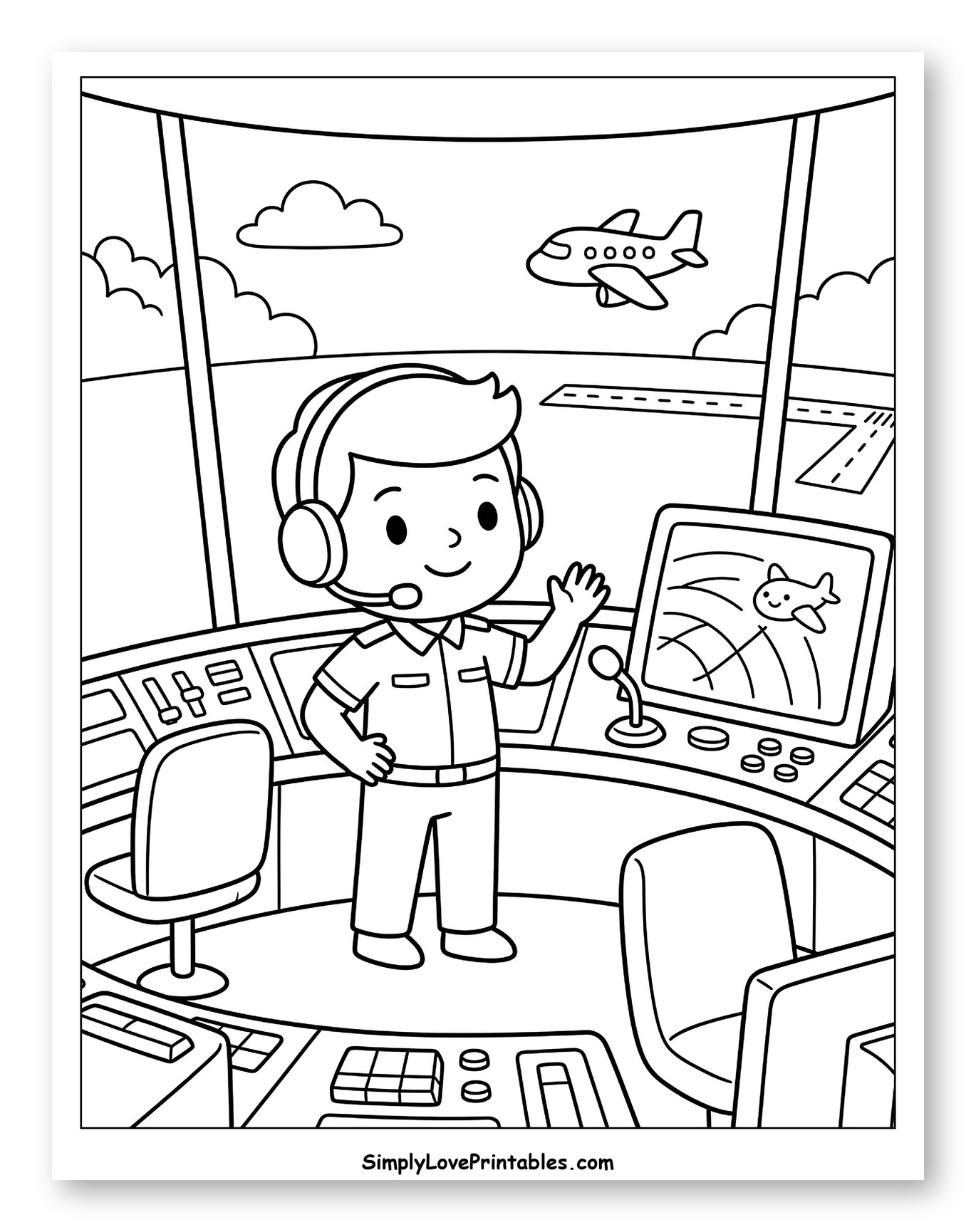 Young Air Traffic Controller at Airport Tower Coloring Sheet for Kids