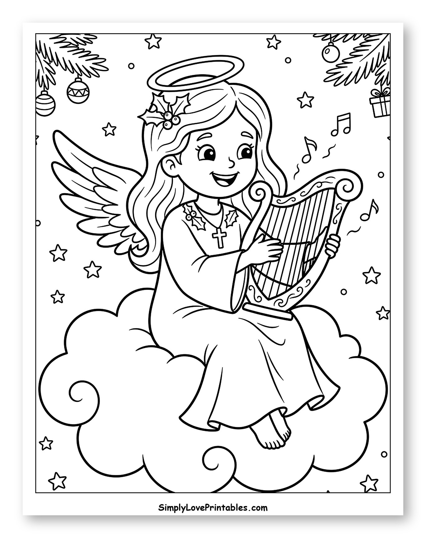 Young Angel Playing Harp on a Cloud