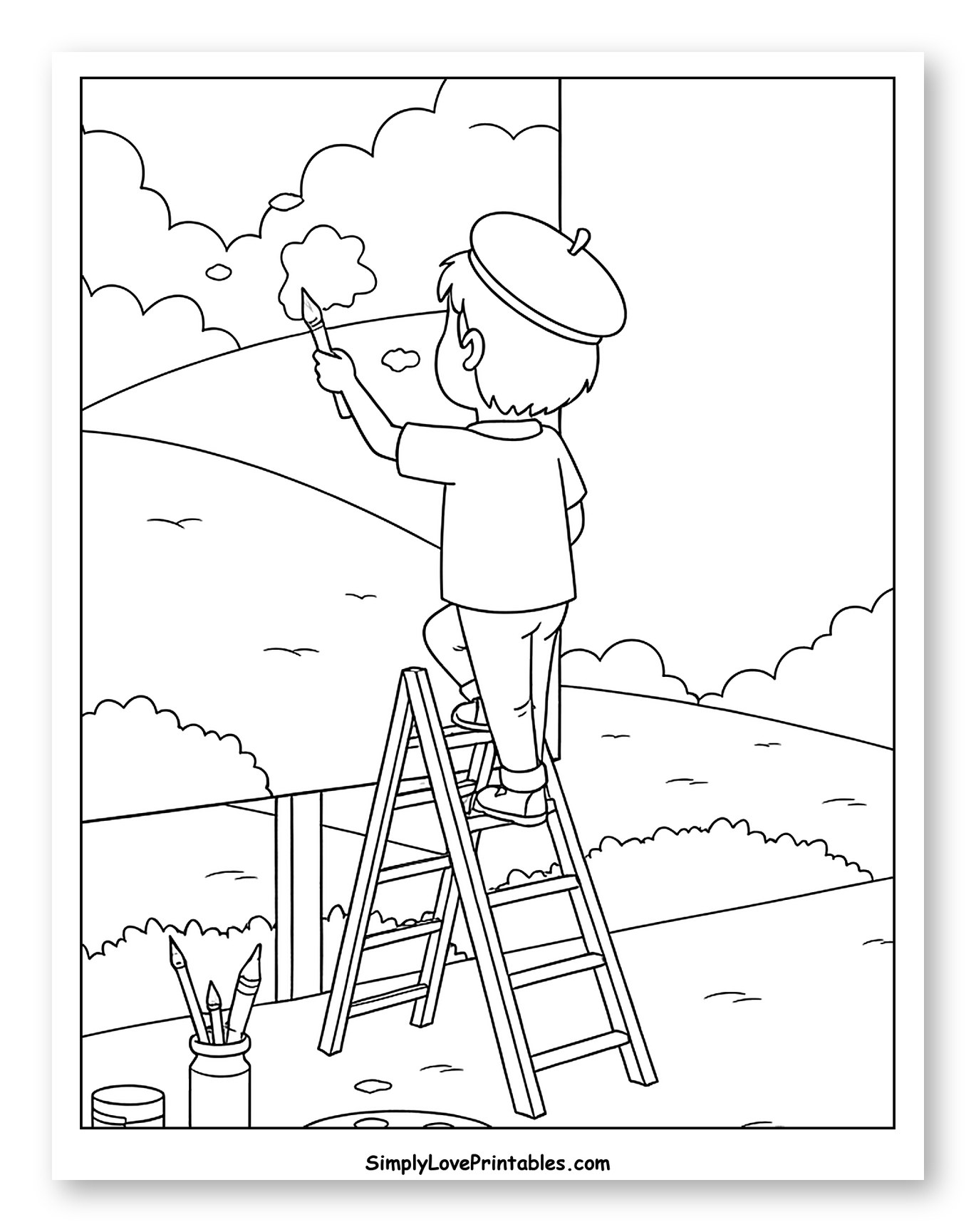 Young Artist Painting a Landscape from a Ladder