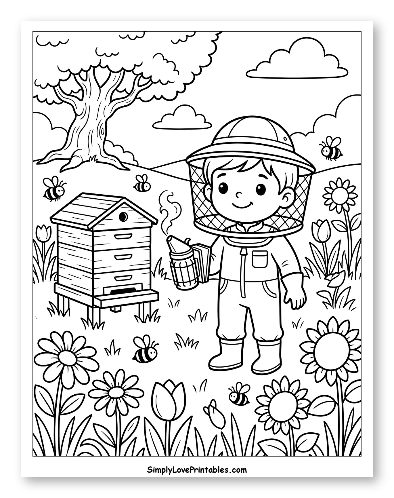 Young Beekeeper and Beehive in a Field