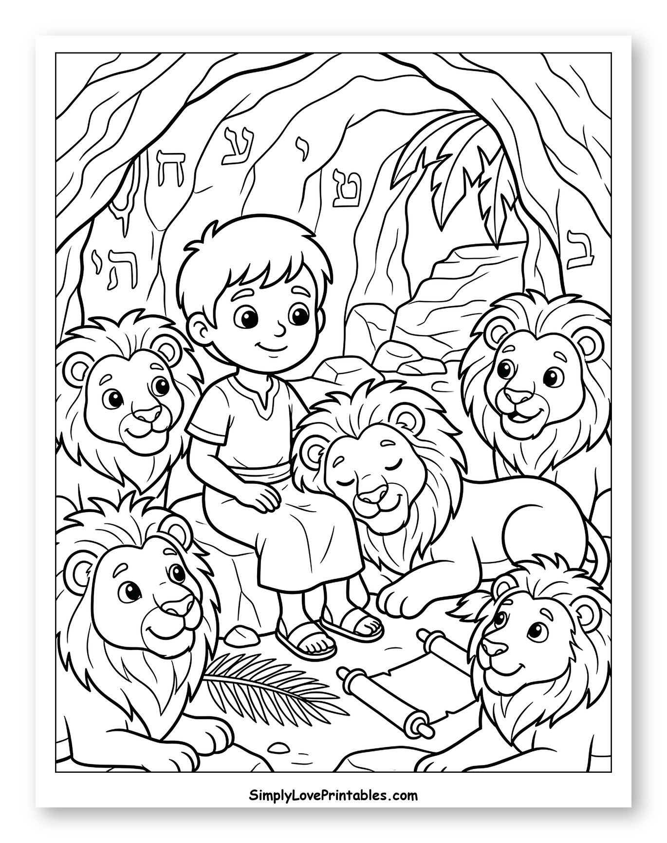 Young Boy and Friendly Lions in a Cave to Color for Kids