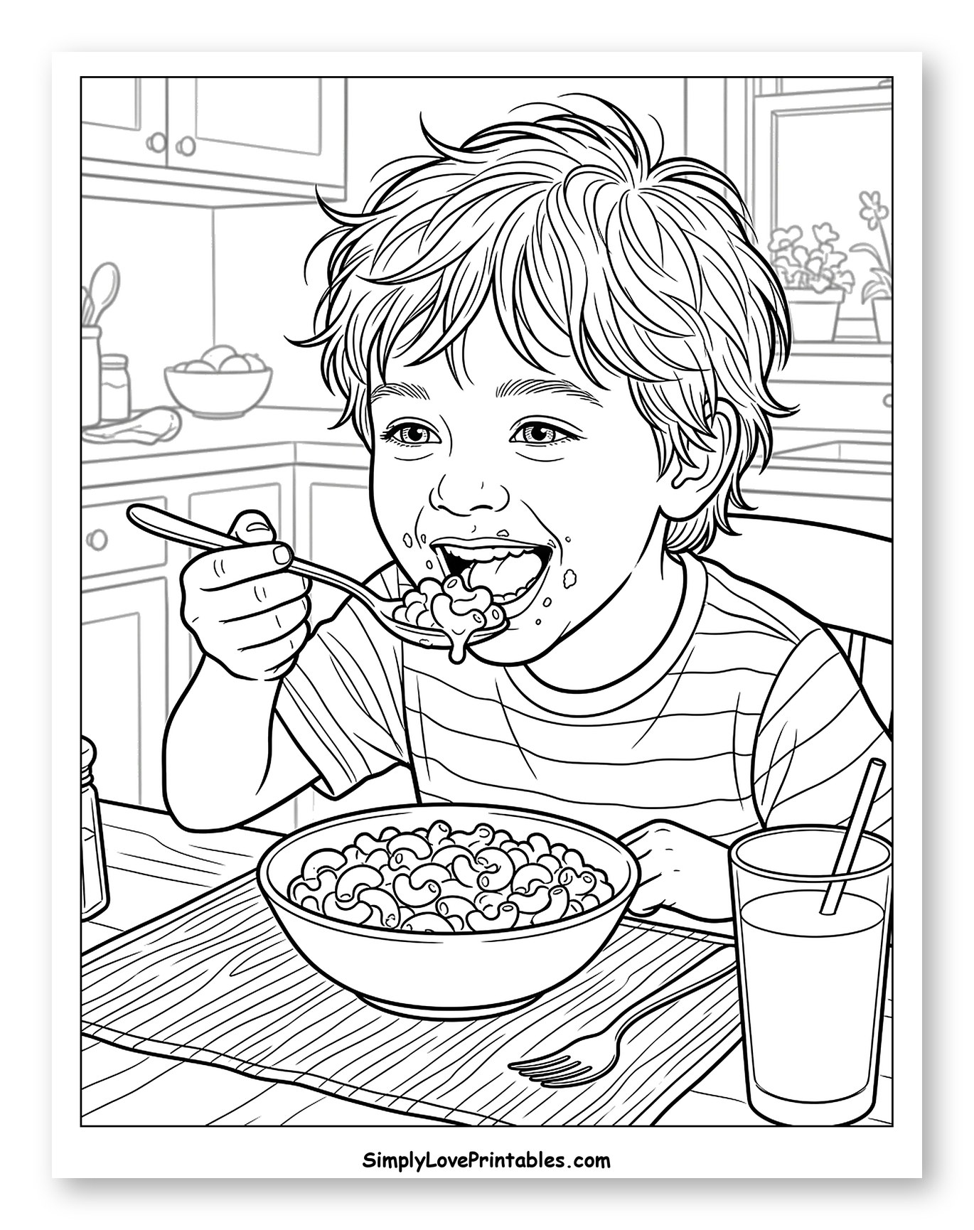 Young Boy Happily Eating Mac and Cheese