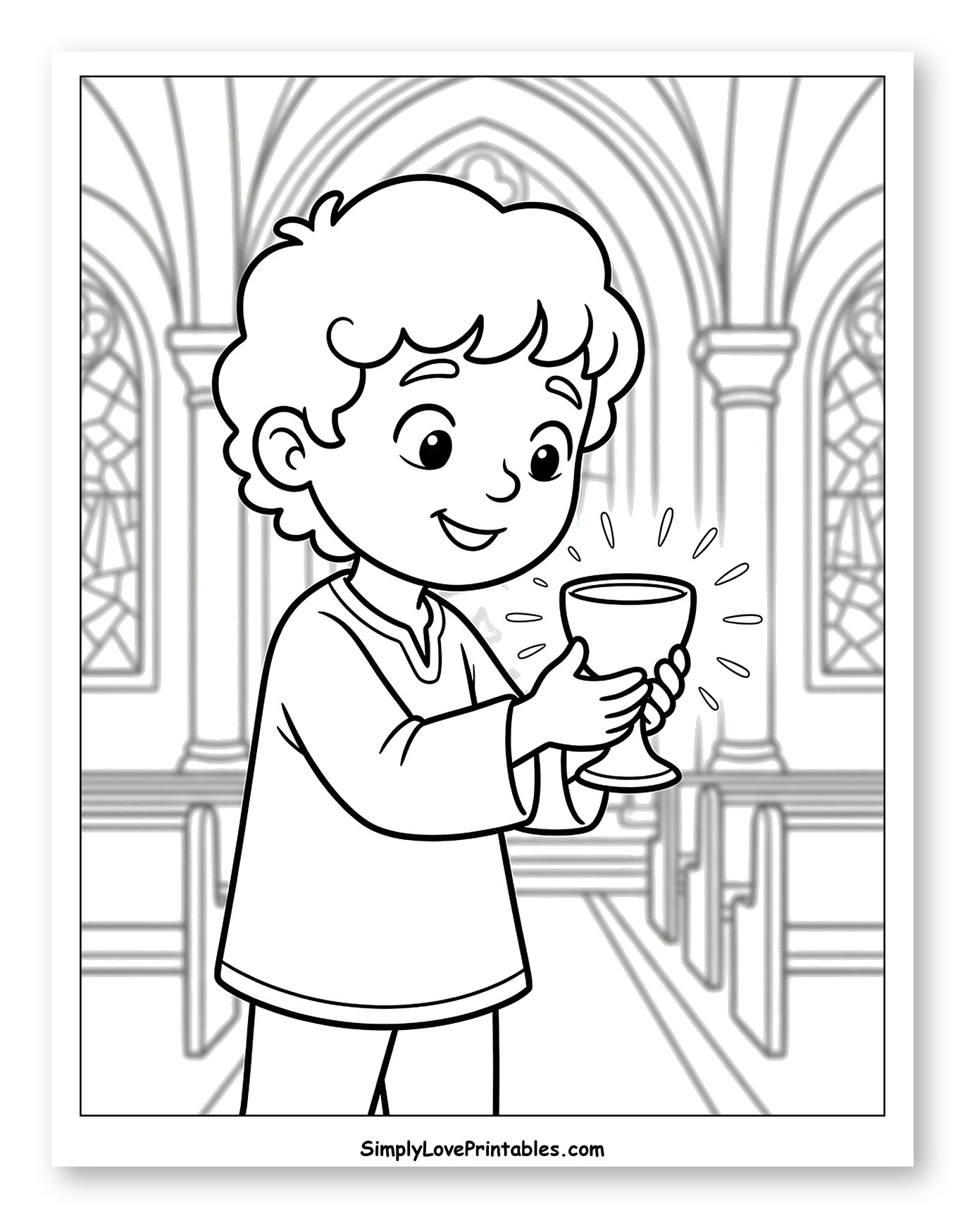 Young Boy Holding Chalice in Church Coloring Page for Kids