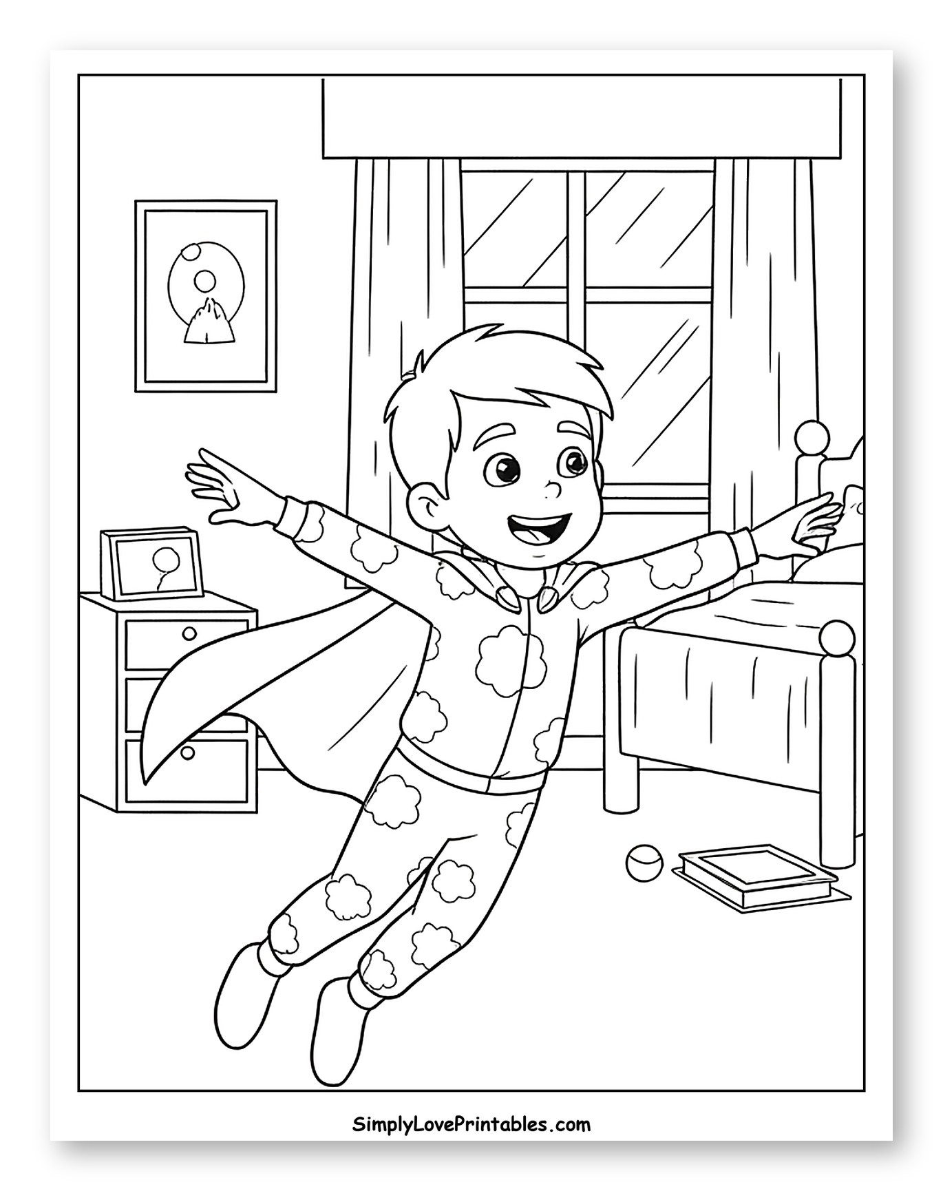 Young Boy Imagining Flight in Bedroom Coloring Sheet for Kids