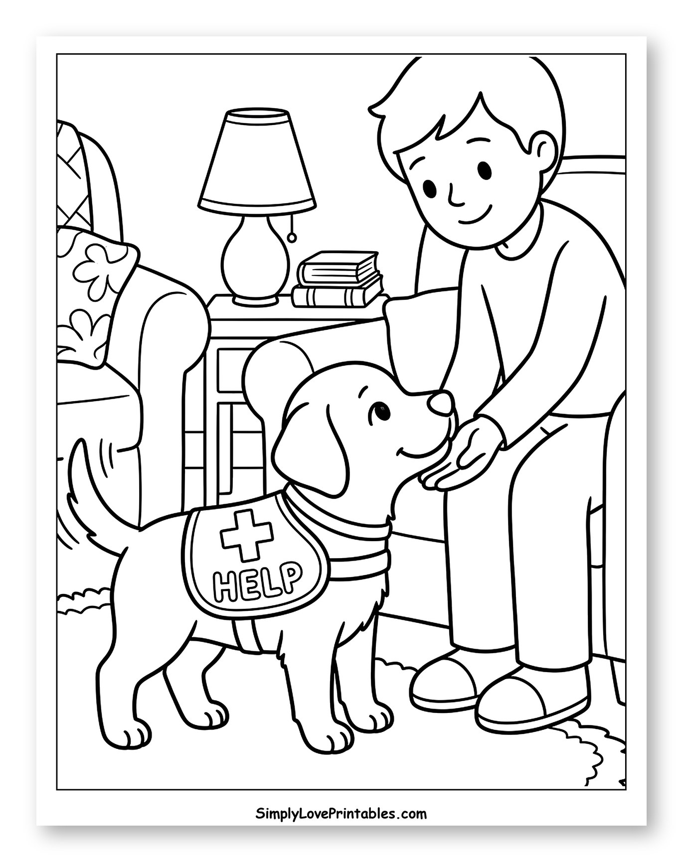 Young Boy Petting Service Dog Coloring Page for Kids