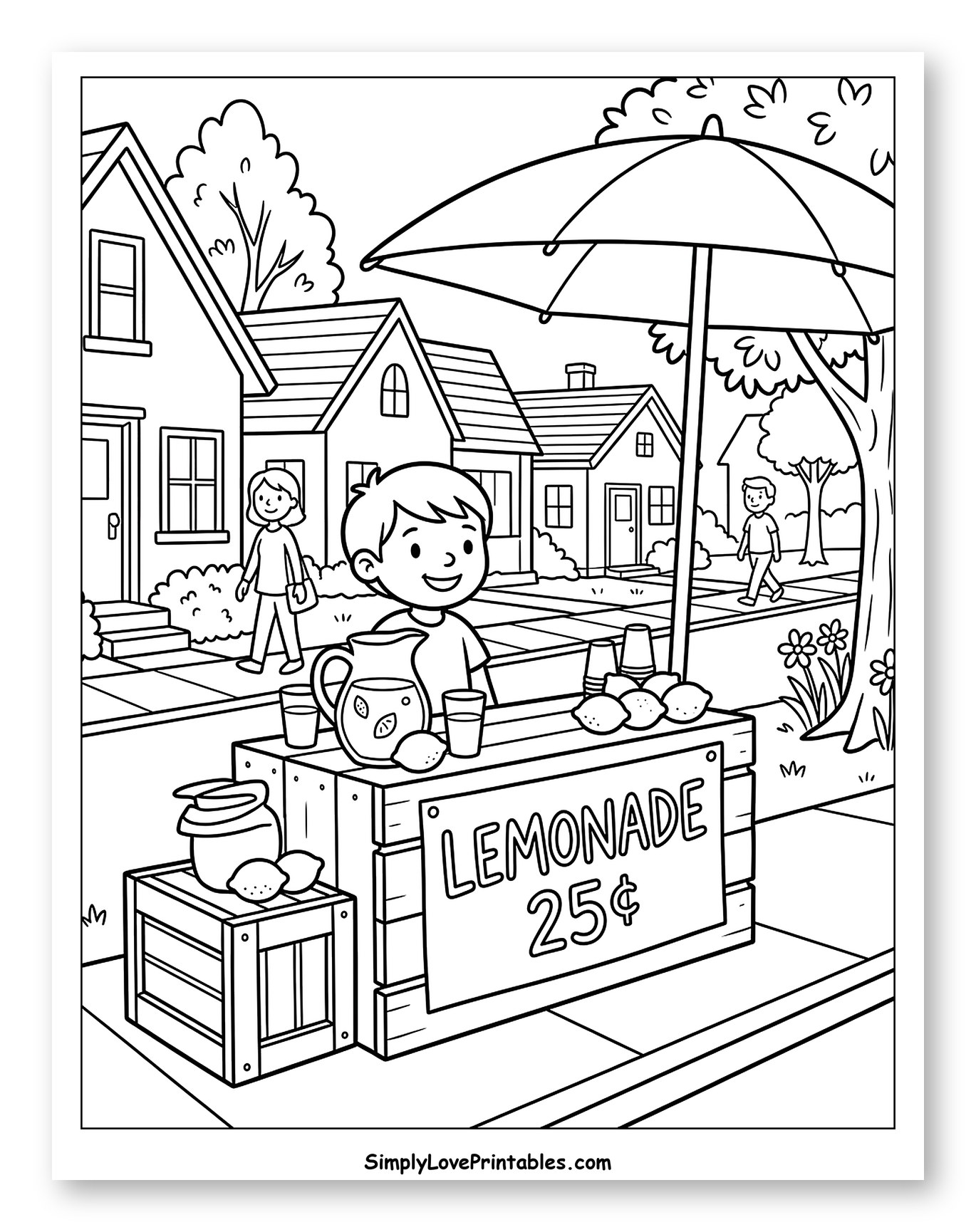 Young Boy Running a Lemonade Stand Coloring Sheet for Kids