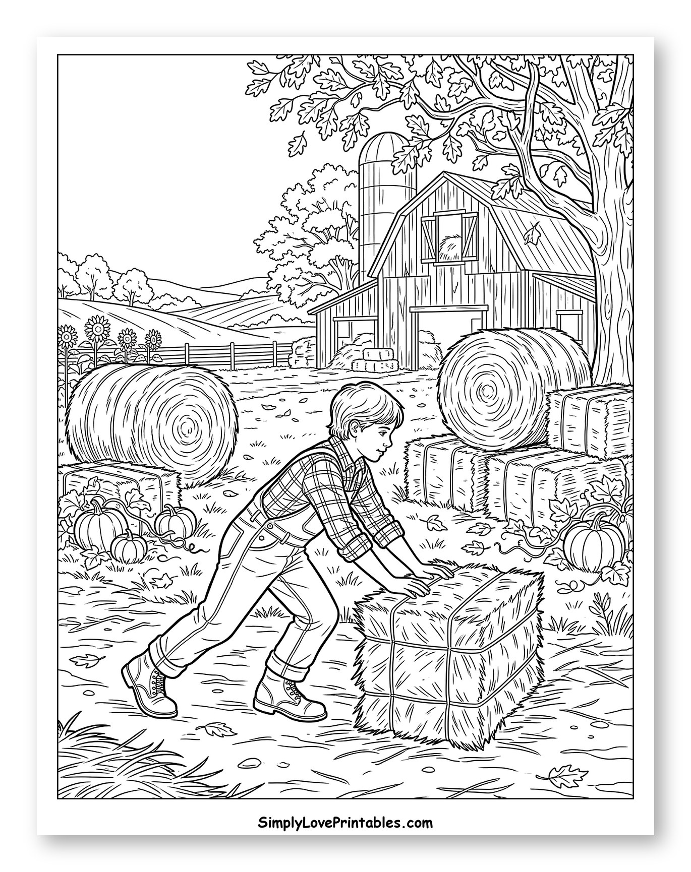 Young Boy Stacking Hay Bales on the Farm