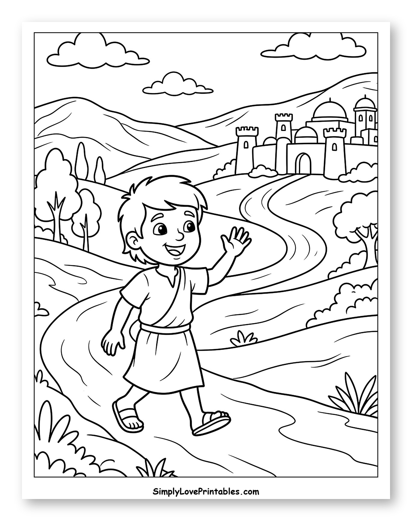 Young Boy Walking Towards an Ancient City Coloring Page for Kids