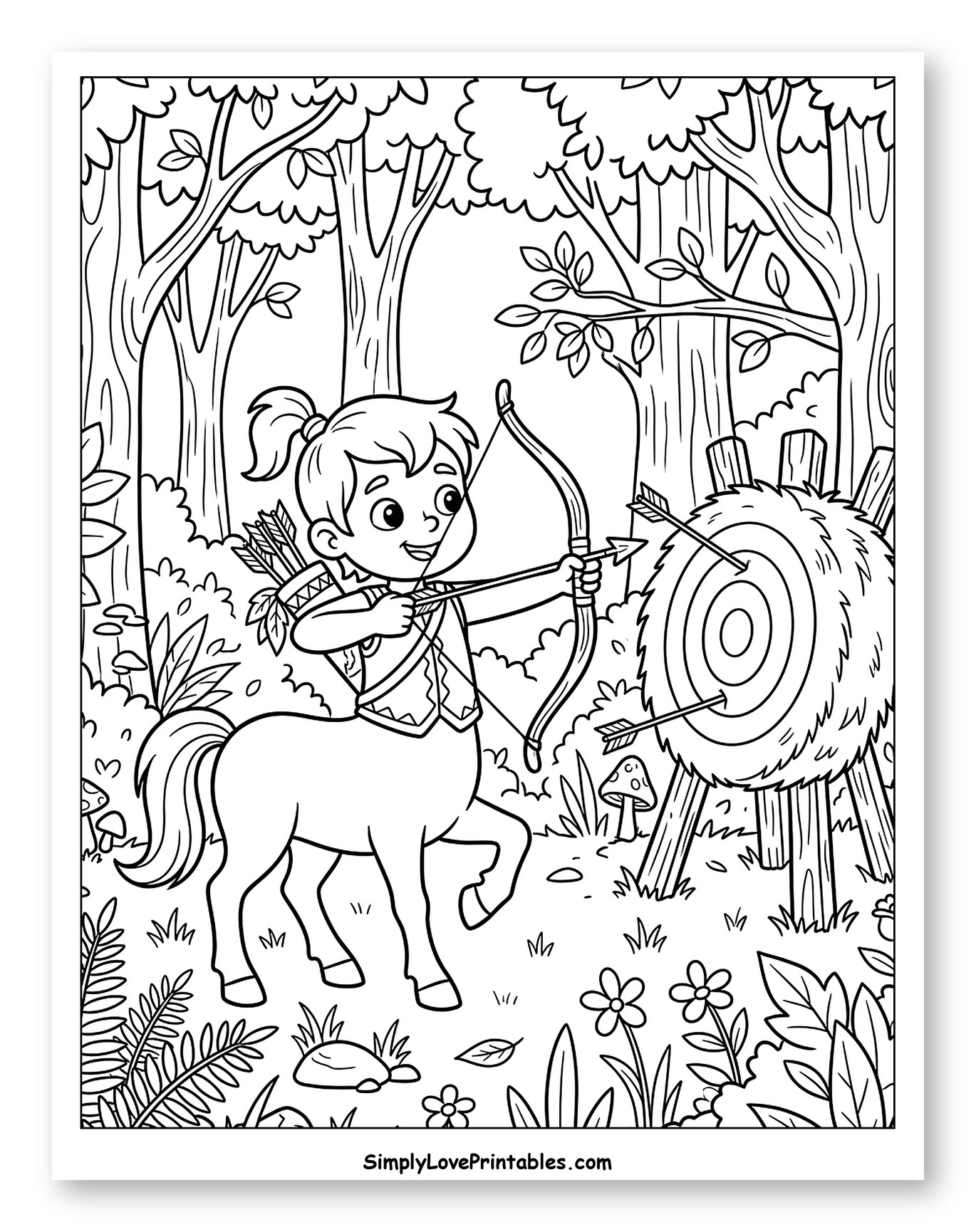 Young Centaur Practicing Archery in Forest Coloring Page for Kids