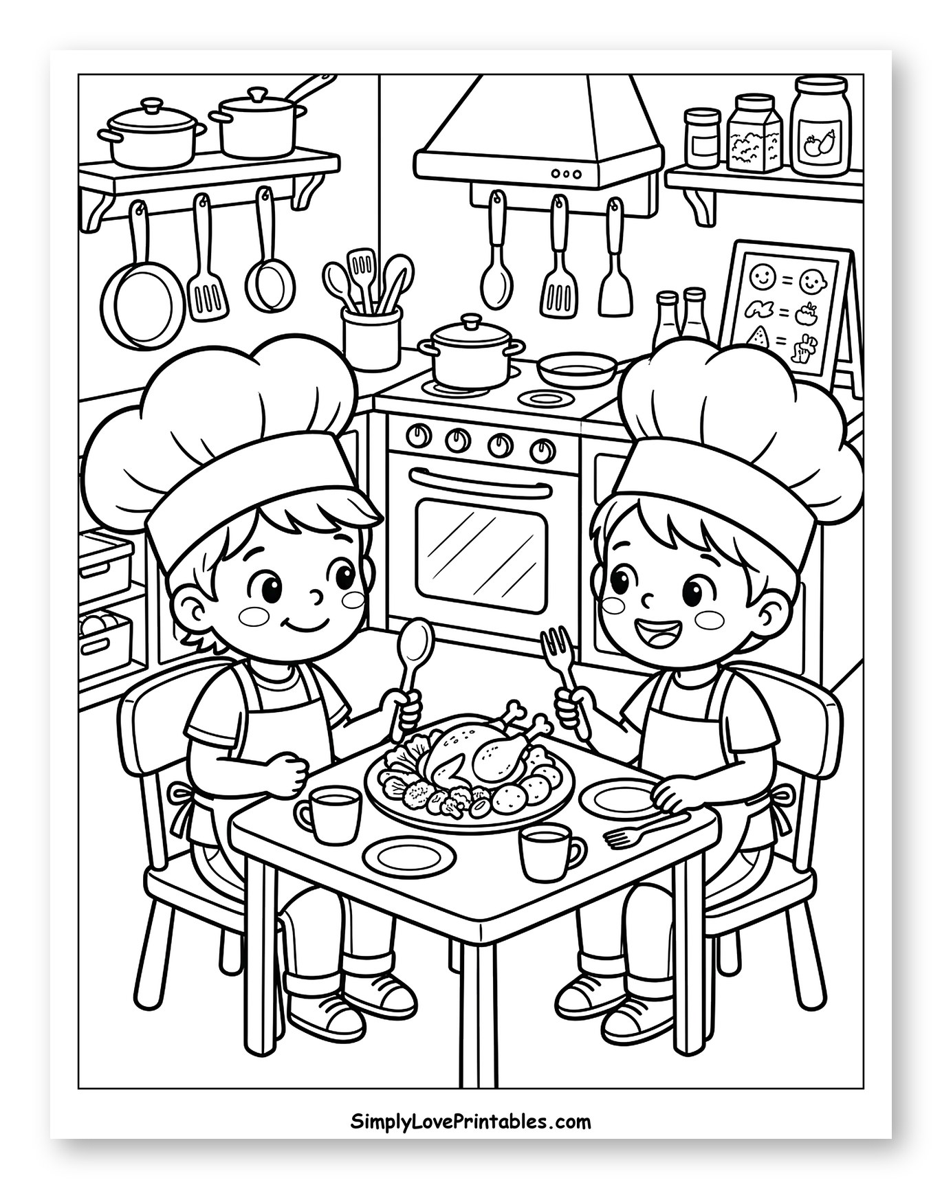 Young Chefs Enjoying a Big Dinner Feast Coloring Page for Kids