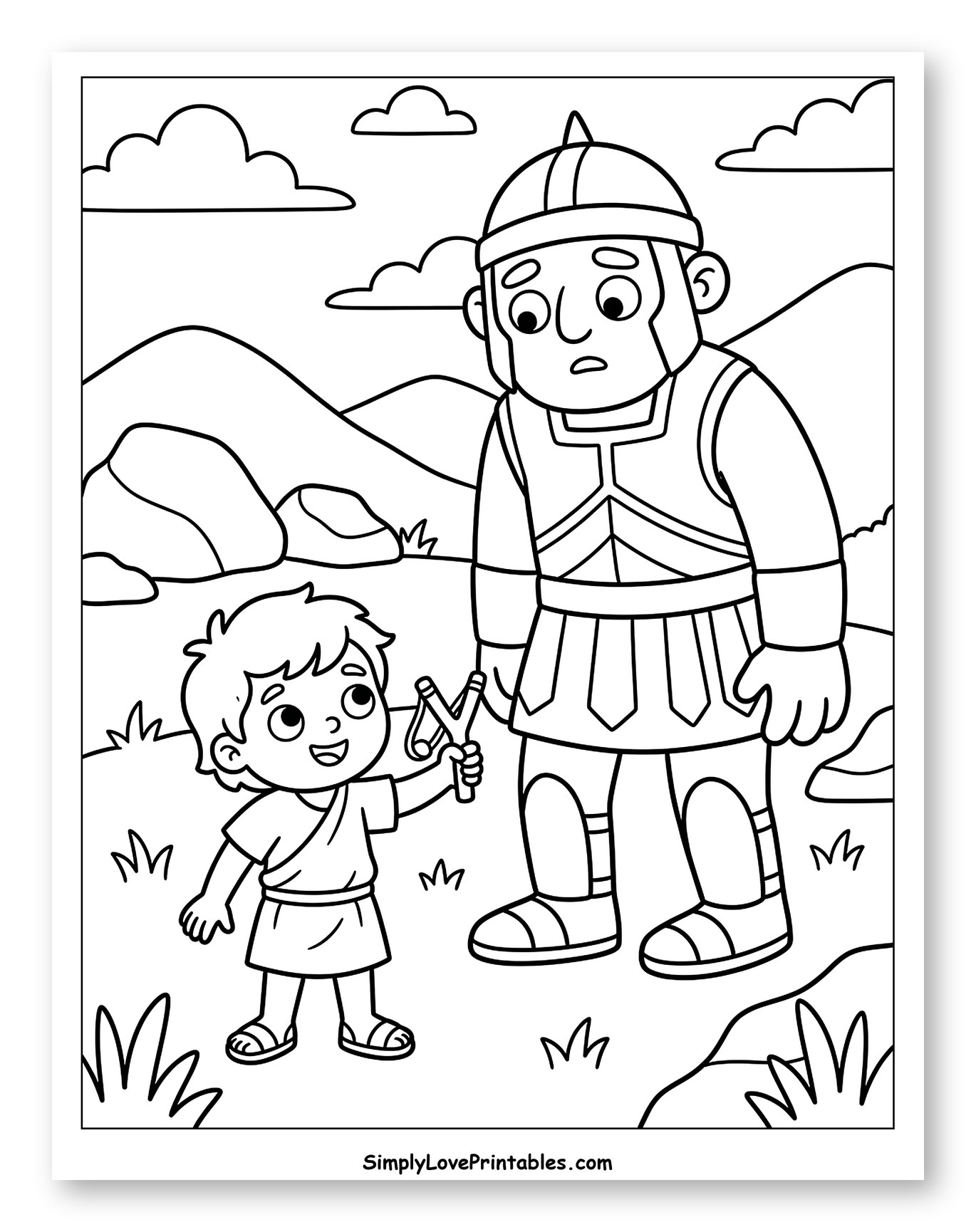 Young David Courageously Faces Giant Goliath Coloring Page for Kids