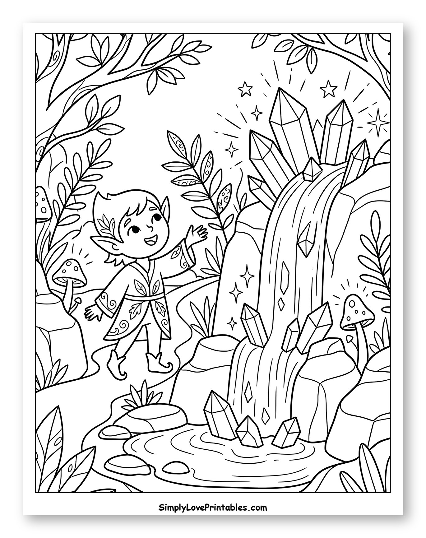 Young Elf Boy Discovering Enchanted Crystal Waterfall Coloring Page for Kids