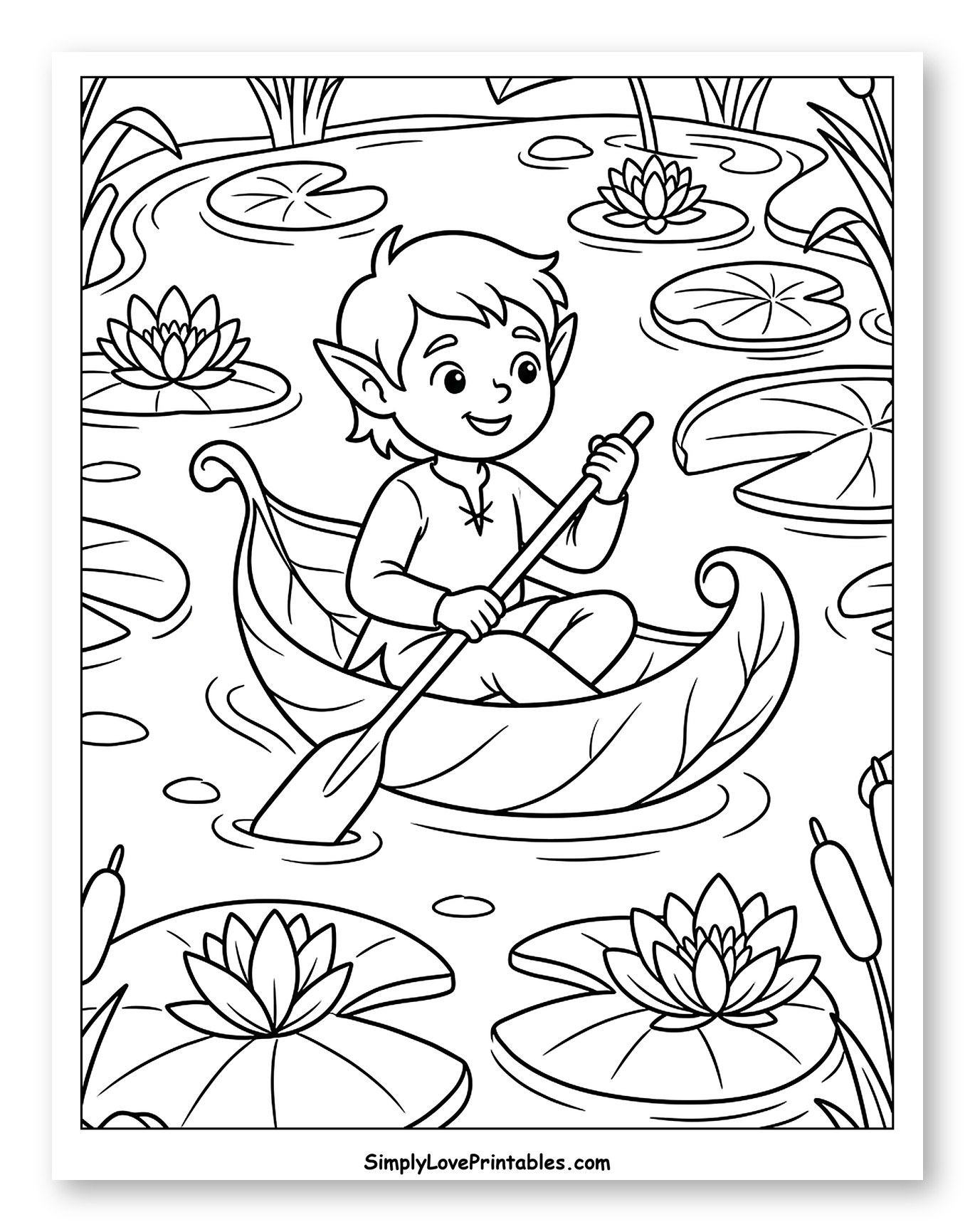 Young Elf Boy Paddling in a Lily Pond to Color for Kids