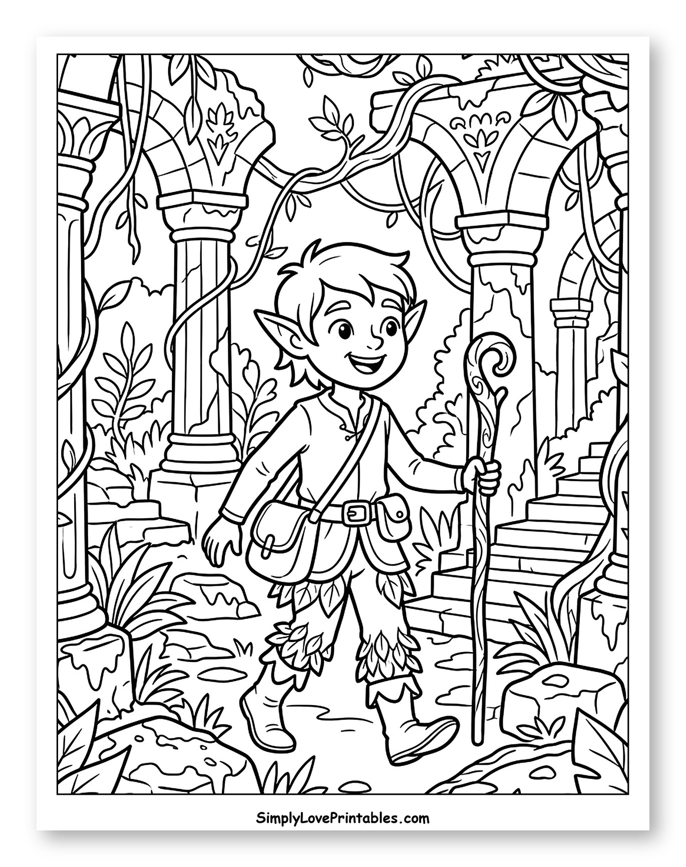 Young Elf Walking Through Ancient Forest Ruins Coloring Page for Kids