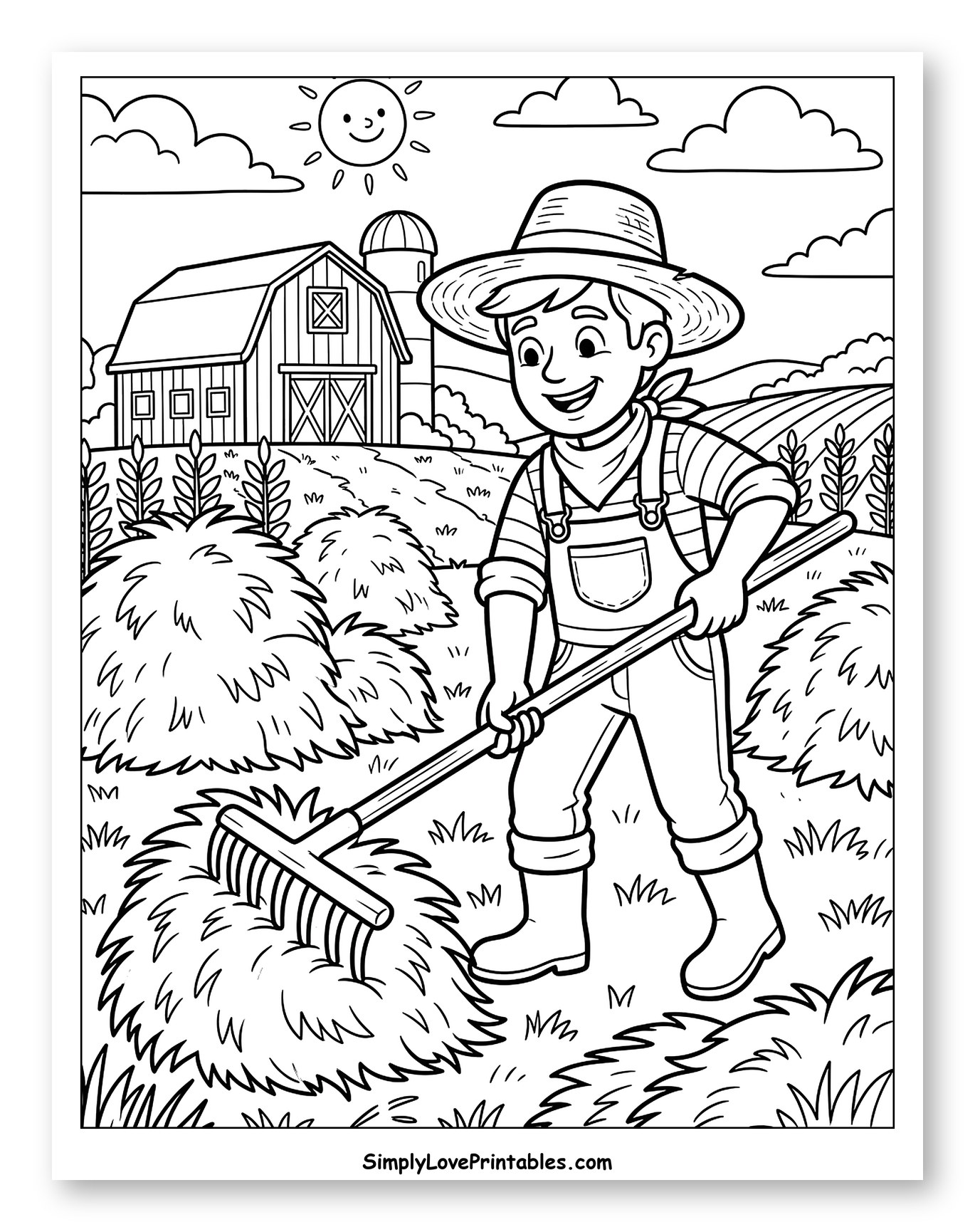 Young Farmer Raking Hay by the Barn Coloring Sheet for Kids