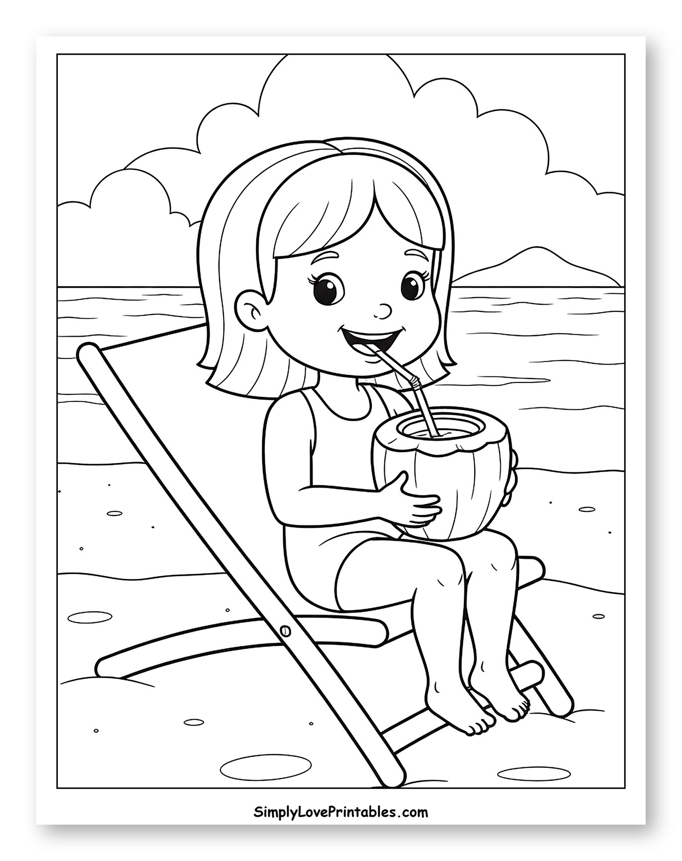 Young Girl Enjoying Coconut Drink on Beach Coloring Page for Kids
