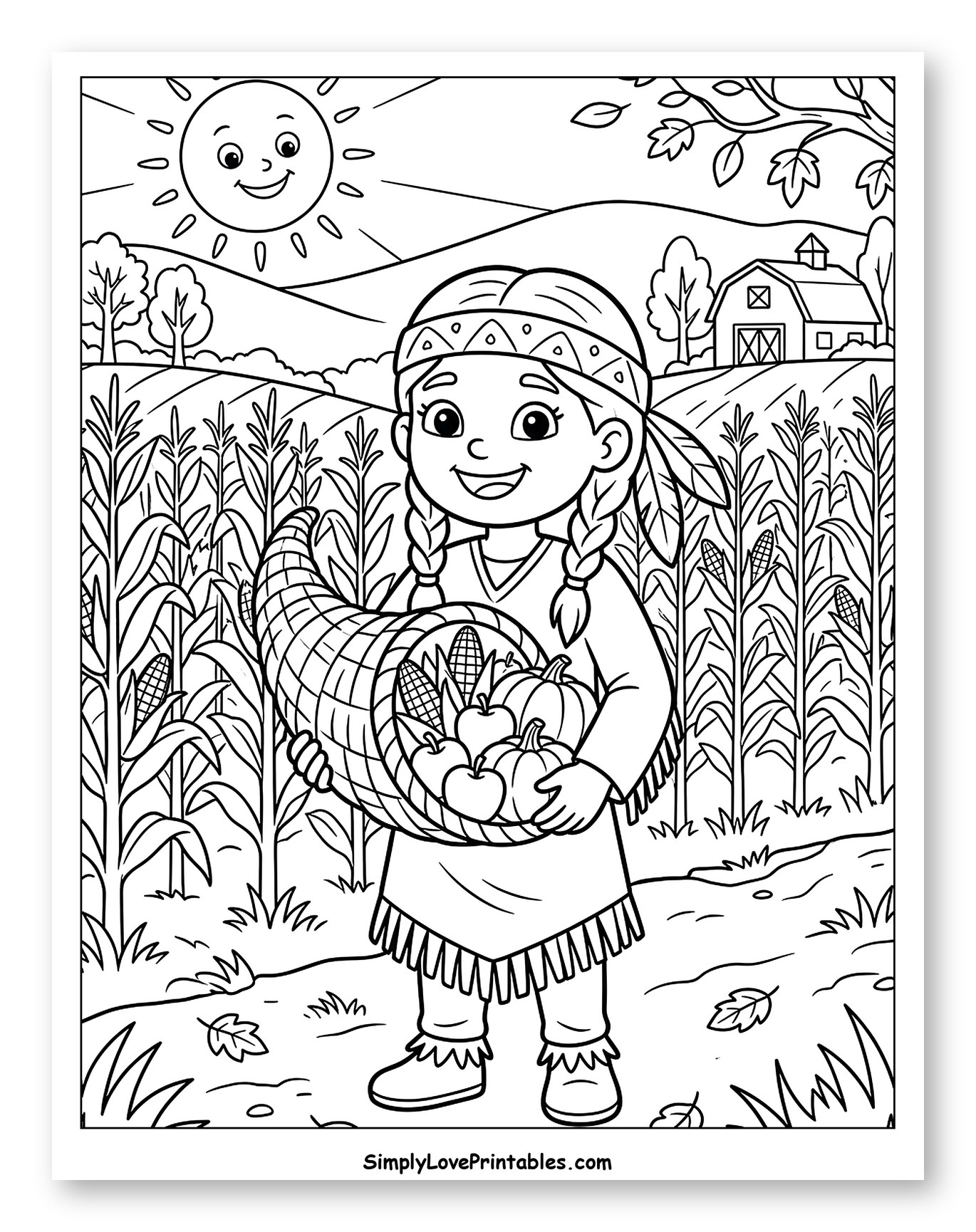 Young Girl Holding Fall Harvest Cornucopia to Color for Kids
