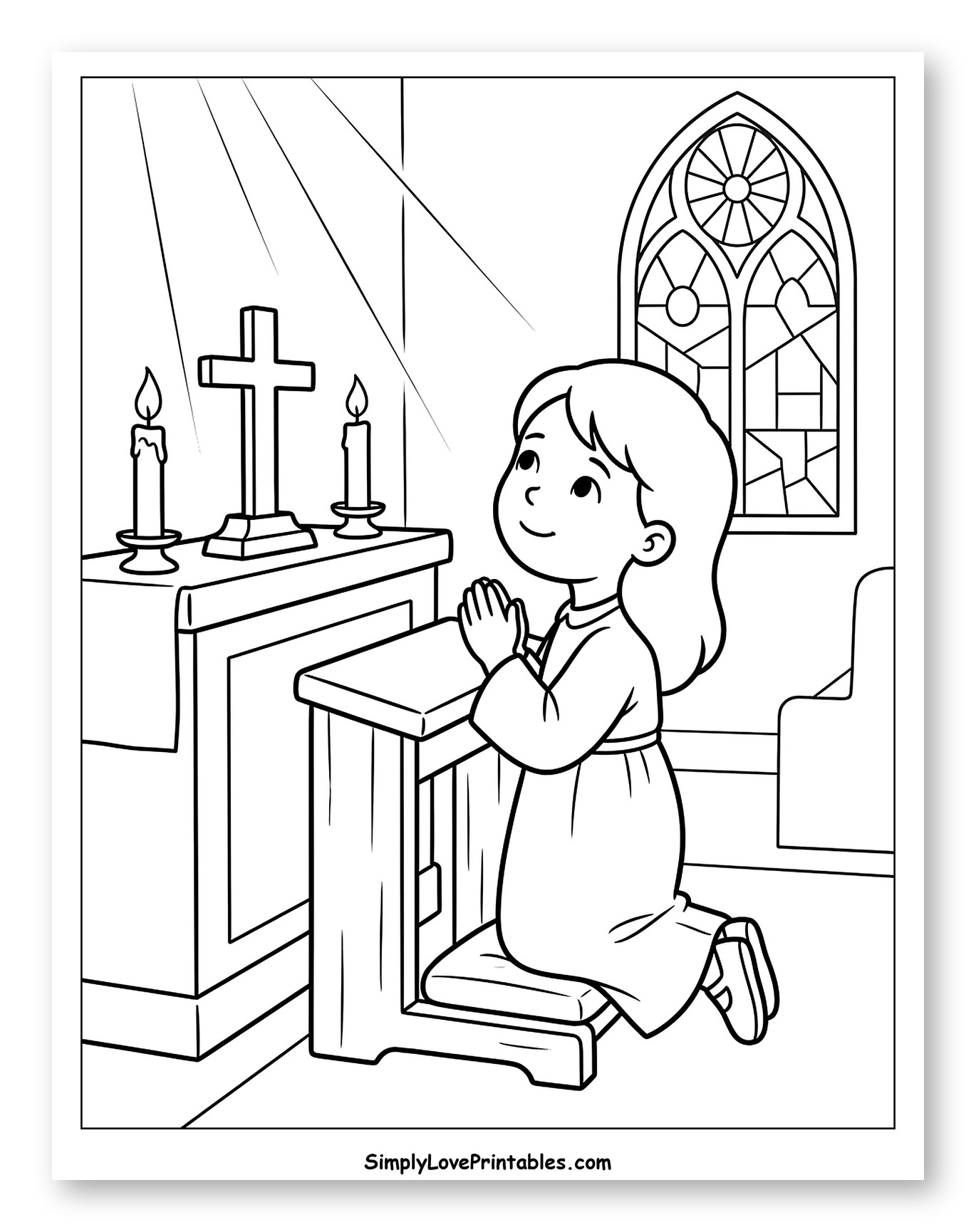 Young Girl Kneeling to Pray in Church