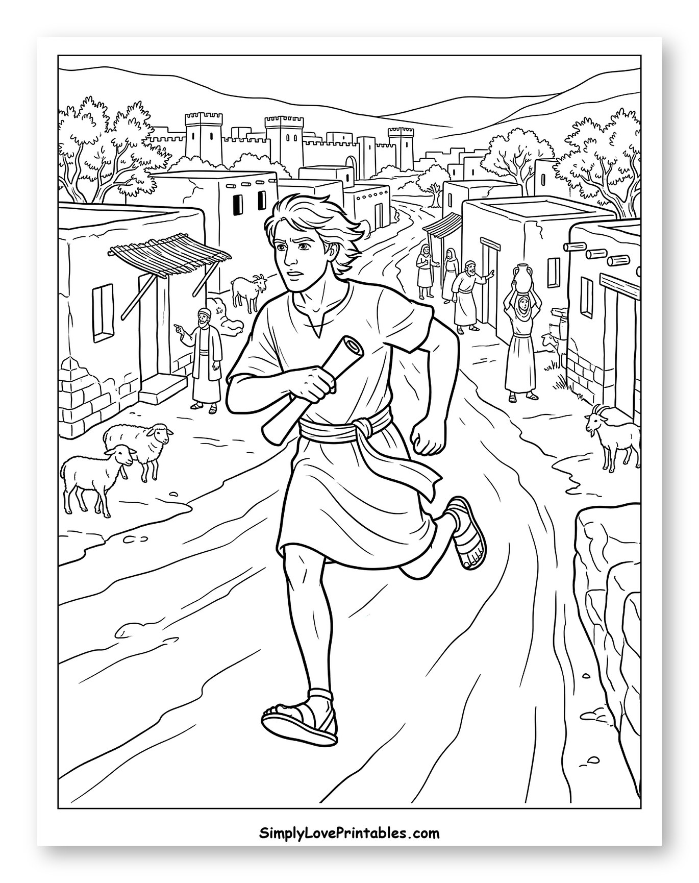 Young Man Running Through Ancient Village Coloring Sheet