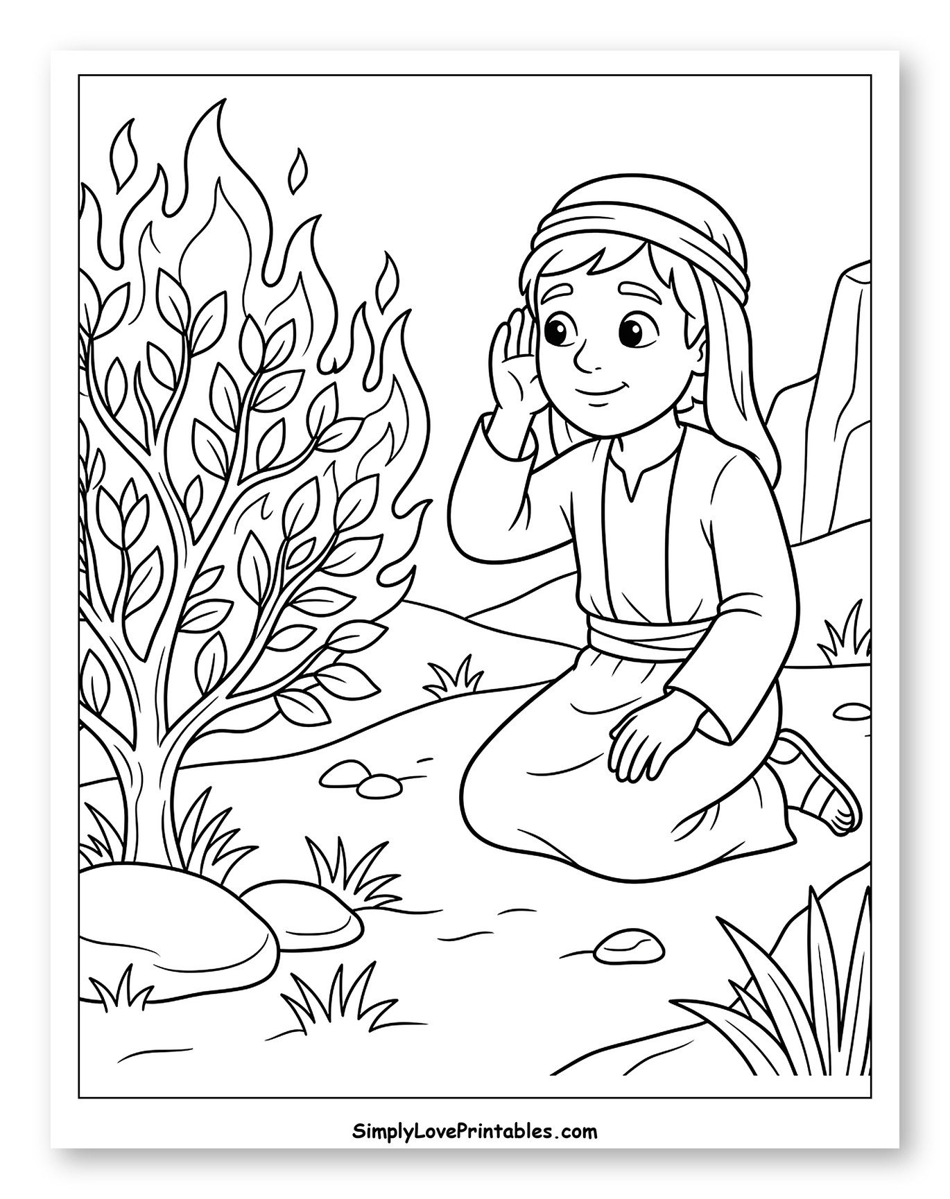 Young Moses Listening to the Burning Bush Coloring Page for Kids