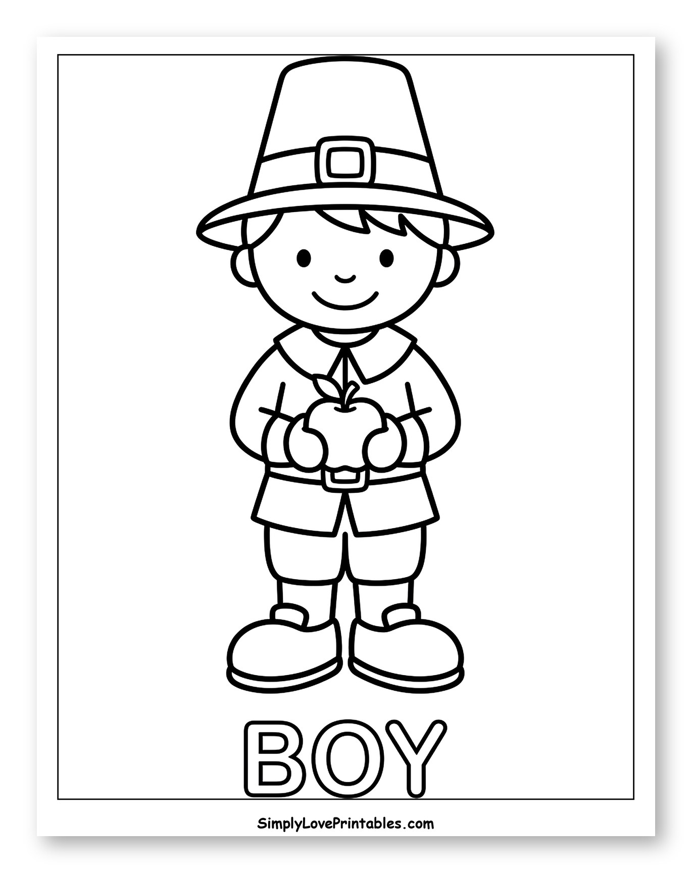 Young Pilgrim Boy with an Apple Coloring Page for Toddlers