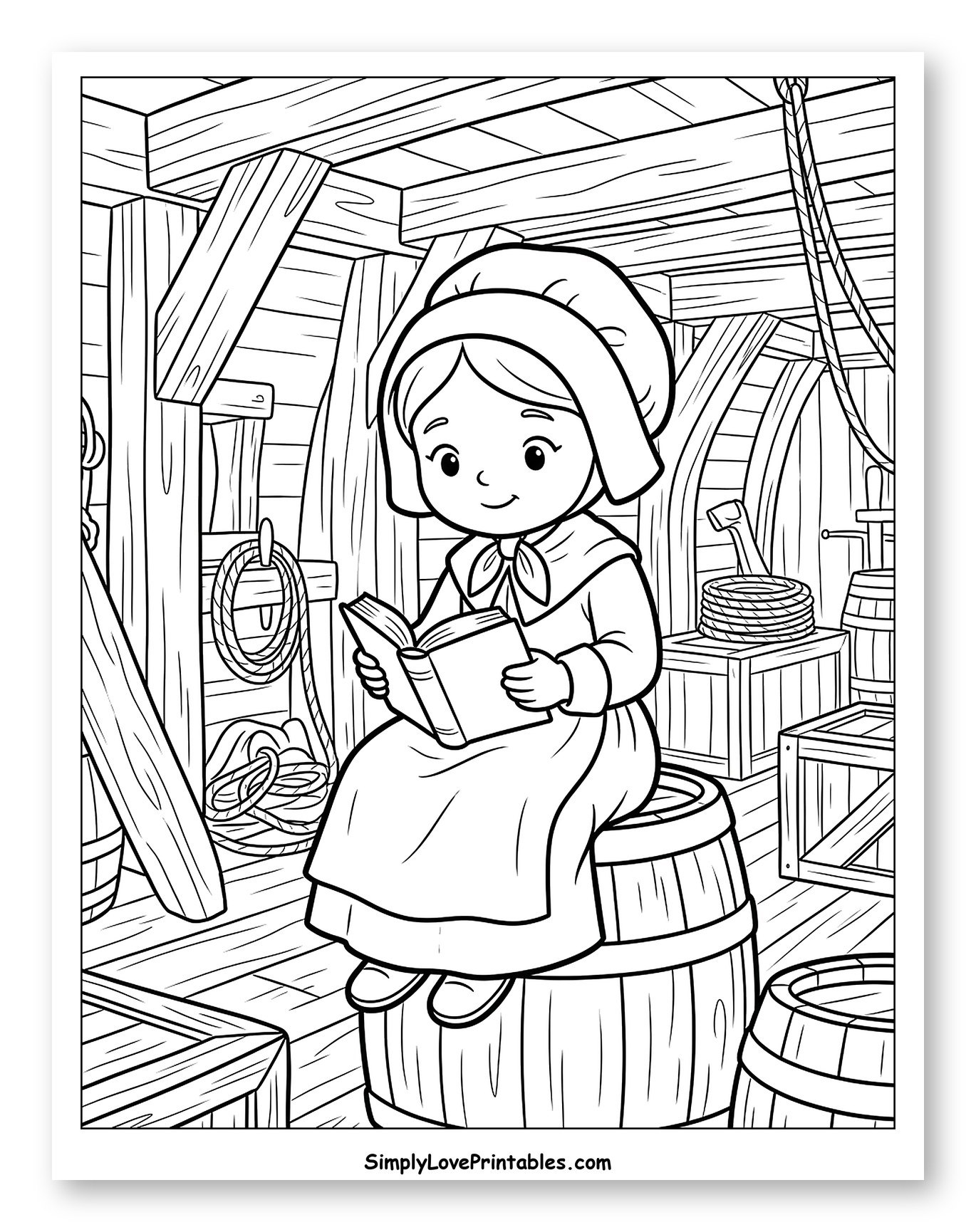 Young Pilgrim Girl Reading Inside Ship Coloring Page for Kids