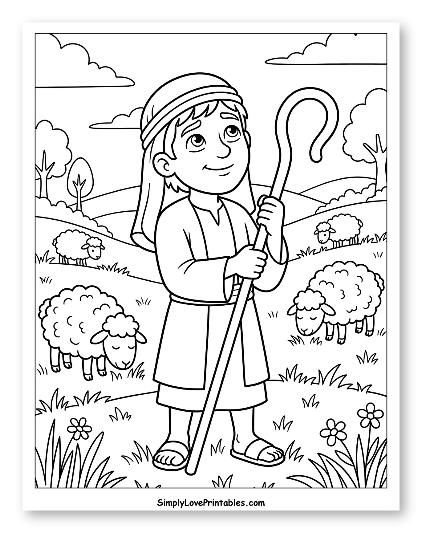 Young Shepherd Boy and His Flock to Color for Kids