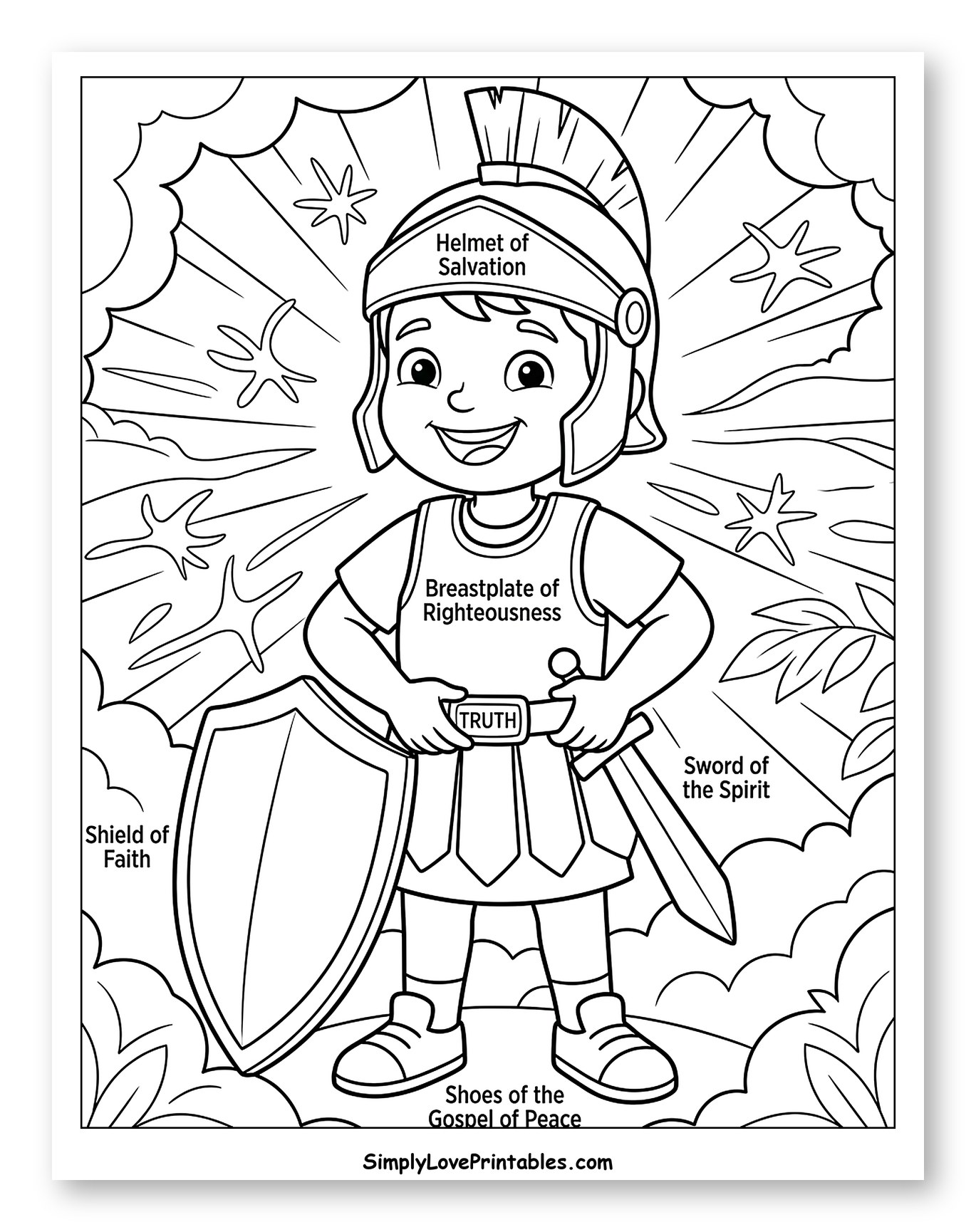 Young Warrior Dressed in God's Armor Coloring Page for Kids