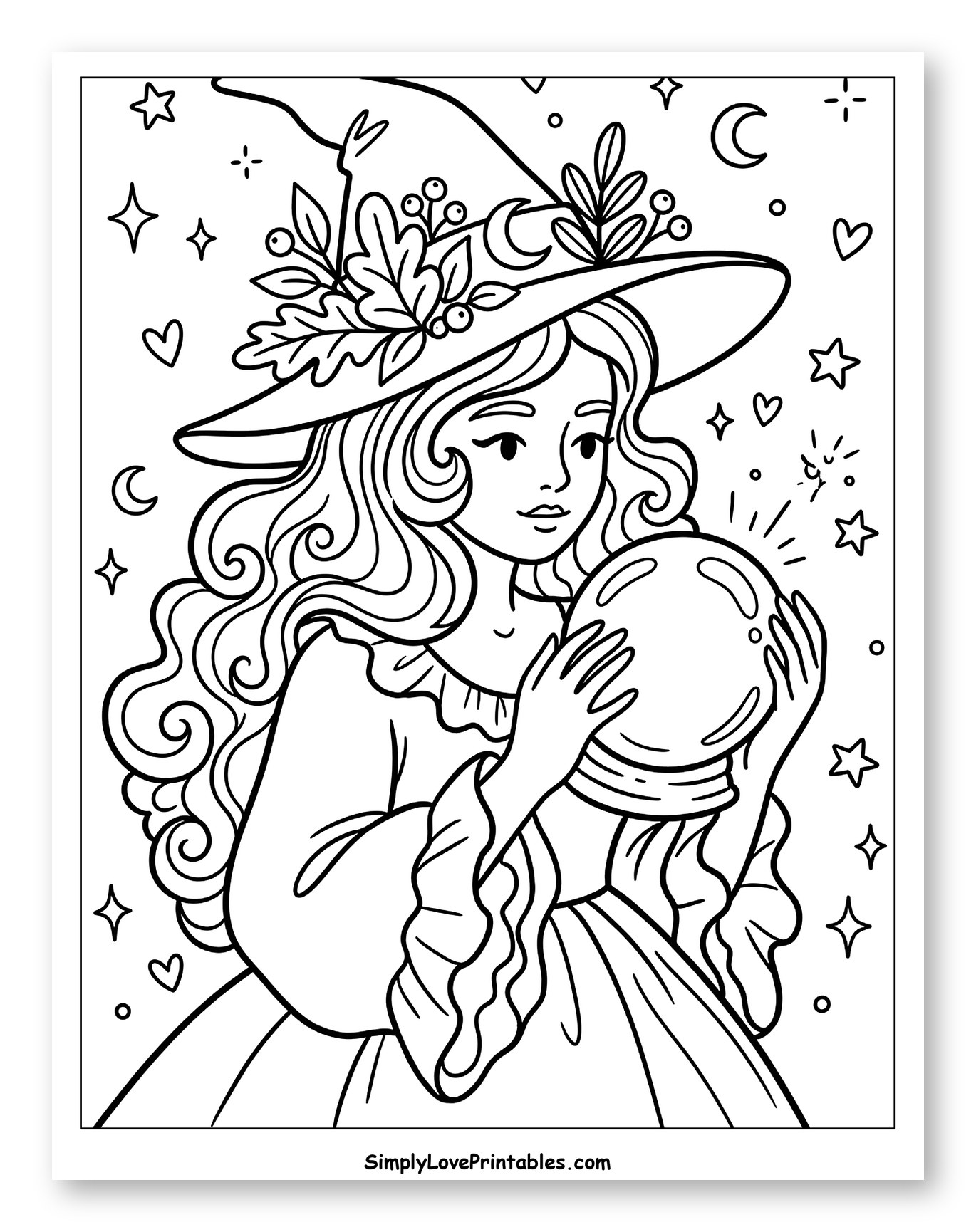 Young Witch Gazing into a Crystal Ball to Color for Adults