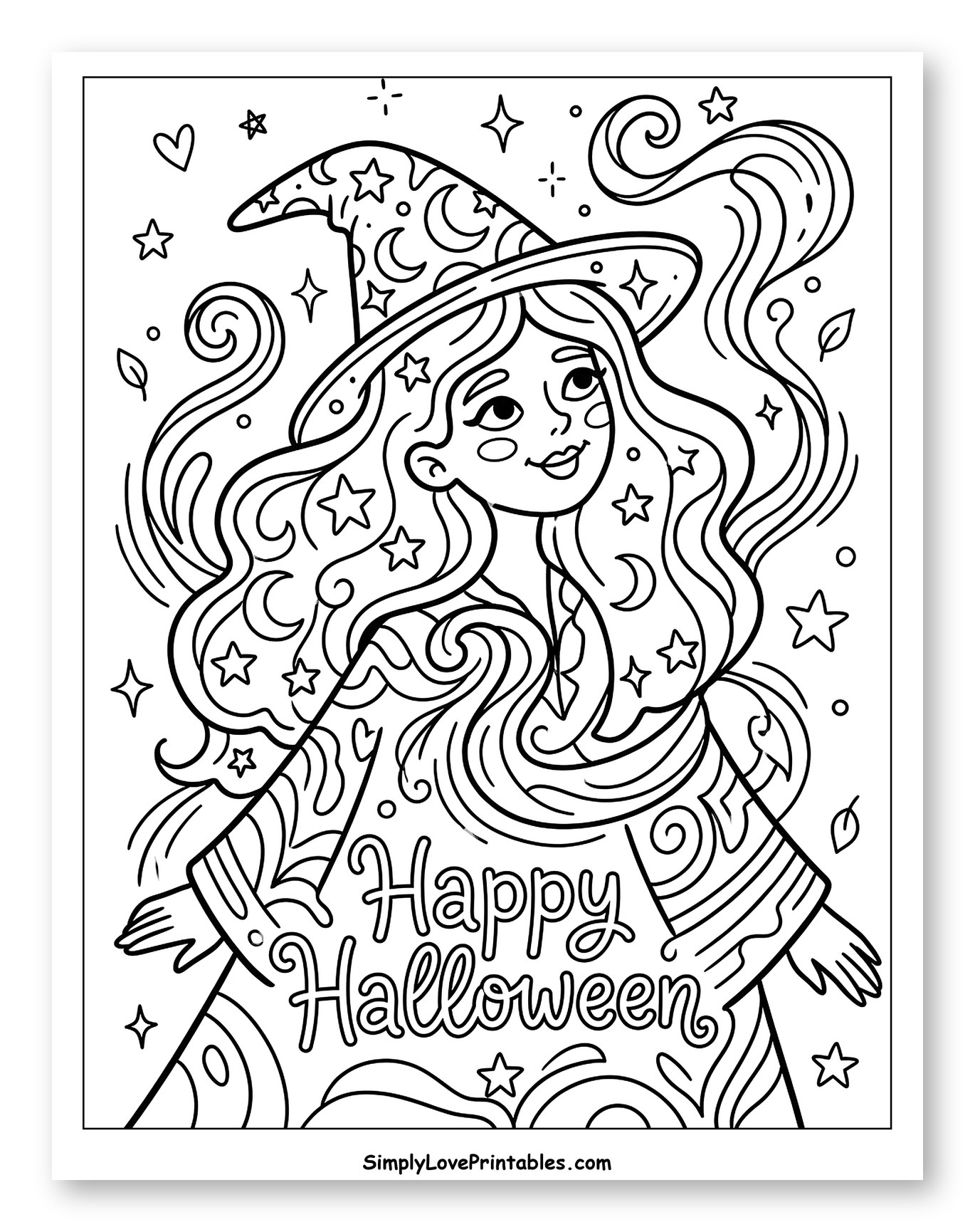 Young Witch Wishing Happy Halloween Coloring Page for Adults