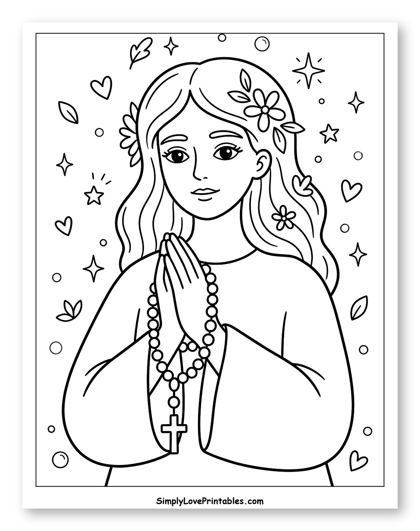 Young Woman Praying with Rosary to Color for Adults