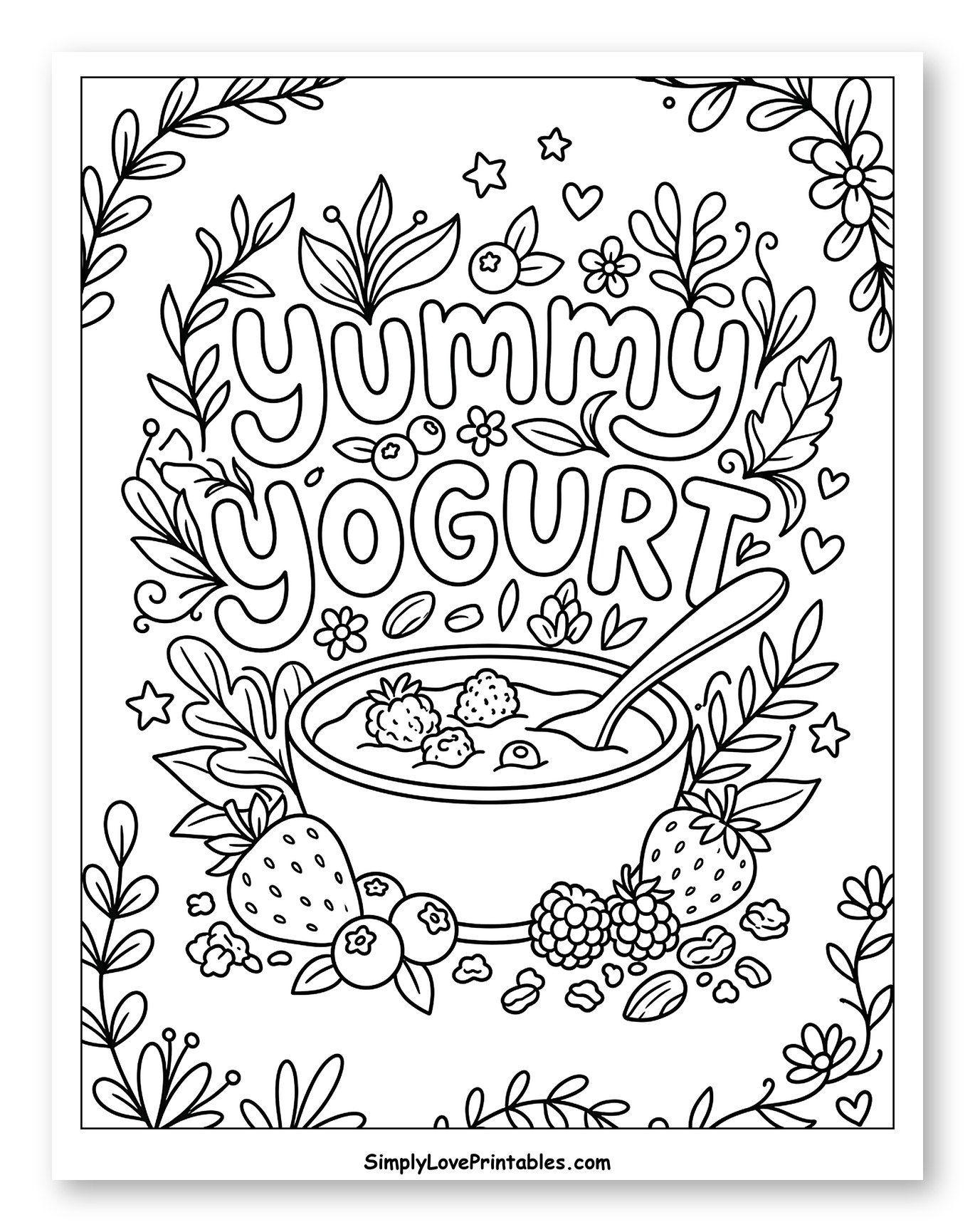 Yummy Yogurt with Berries and Nuts Coloring Sheet for Adults