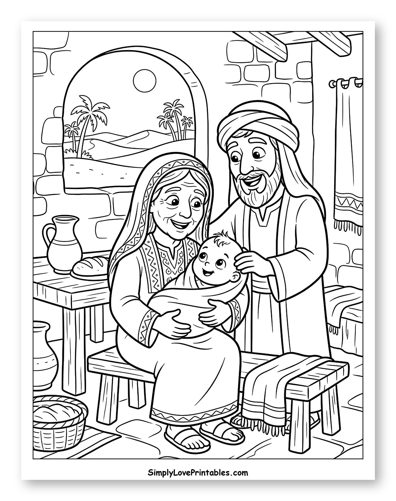 Zechariah and Elizabeth Holding Baby John to Color for Kids